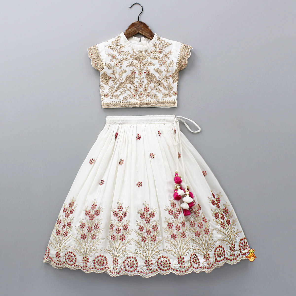 Pleated Neckline Heavily Embroidered Top With Lehenga