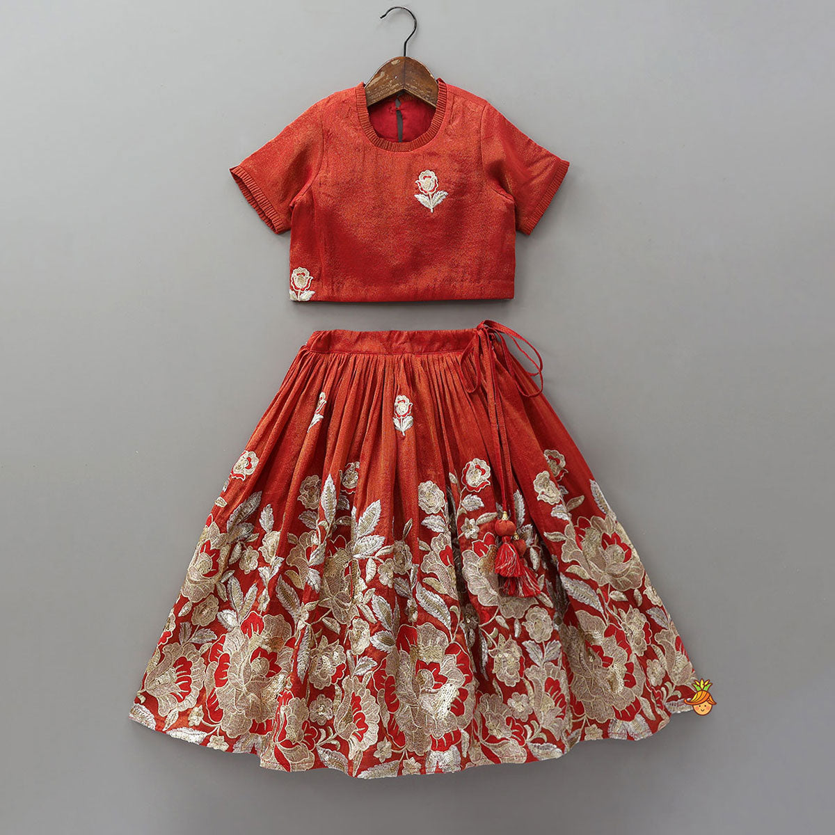 Intricately Flower-Embroidered Shimmery Top And Lehenga