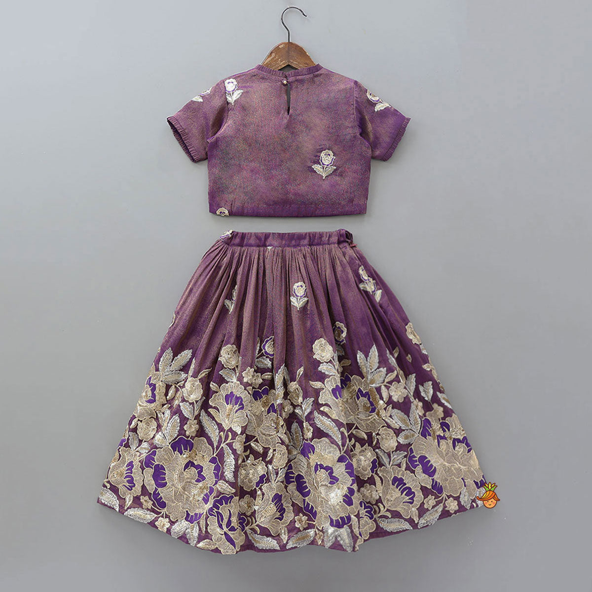 Intricately Floral-Embroidered Shimmery Top And Lehenga