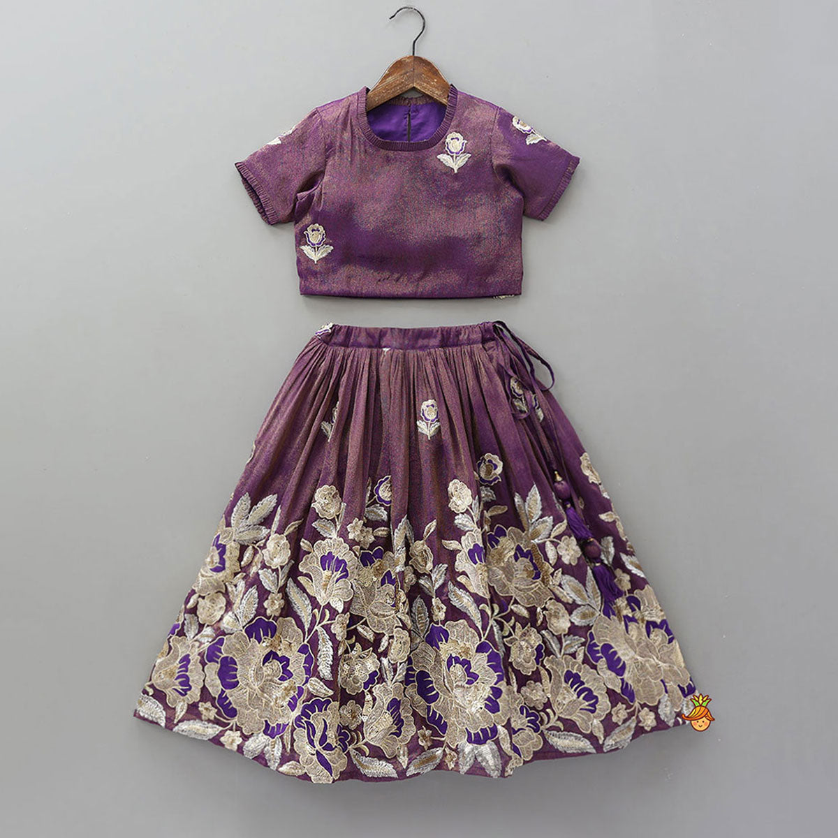 Intricately Floral-Embroidered Shimmery Top And Lehenga