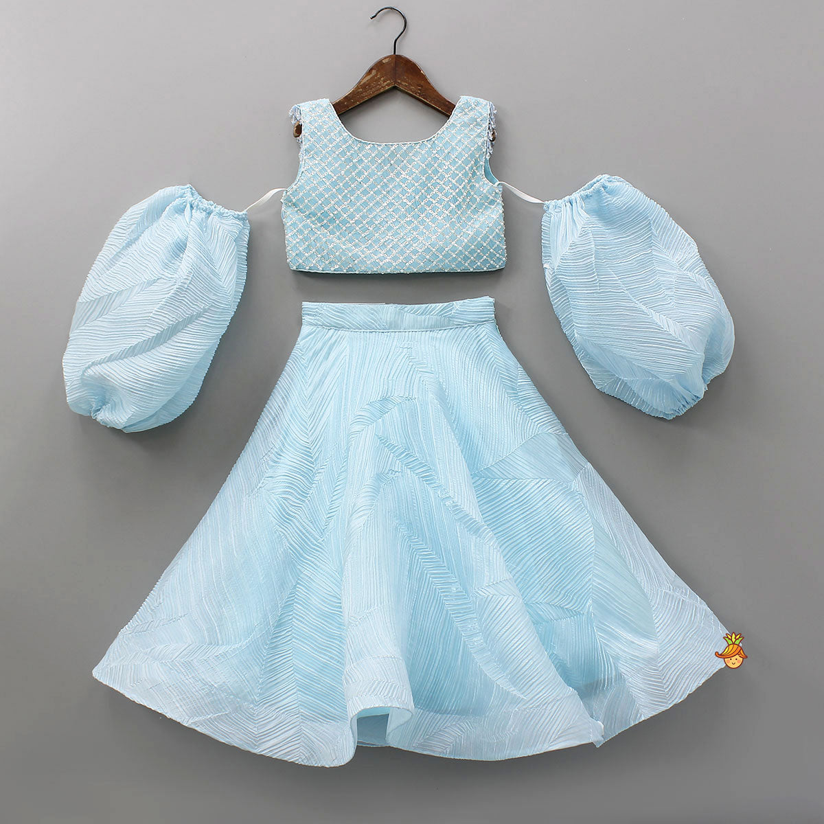 Checks Embroidered Top And Lehenga With Detachable Balloon Sleeves