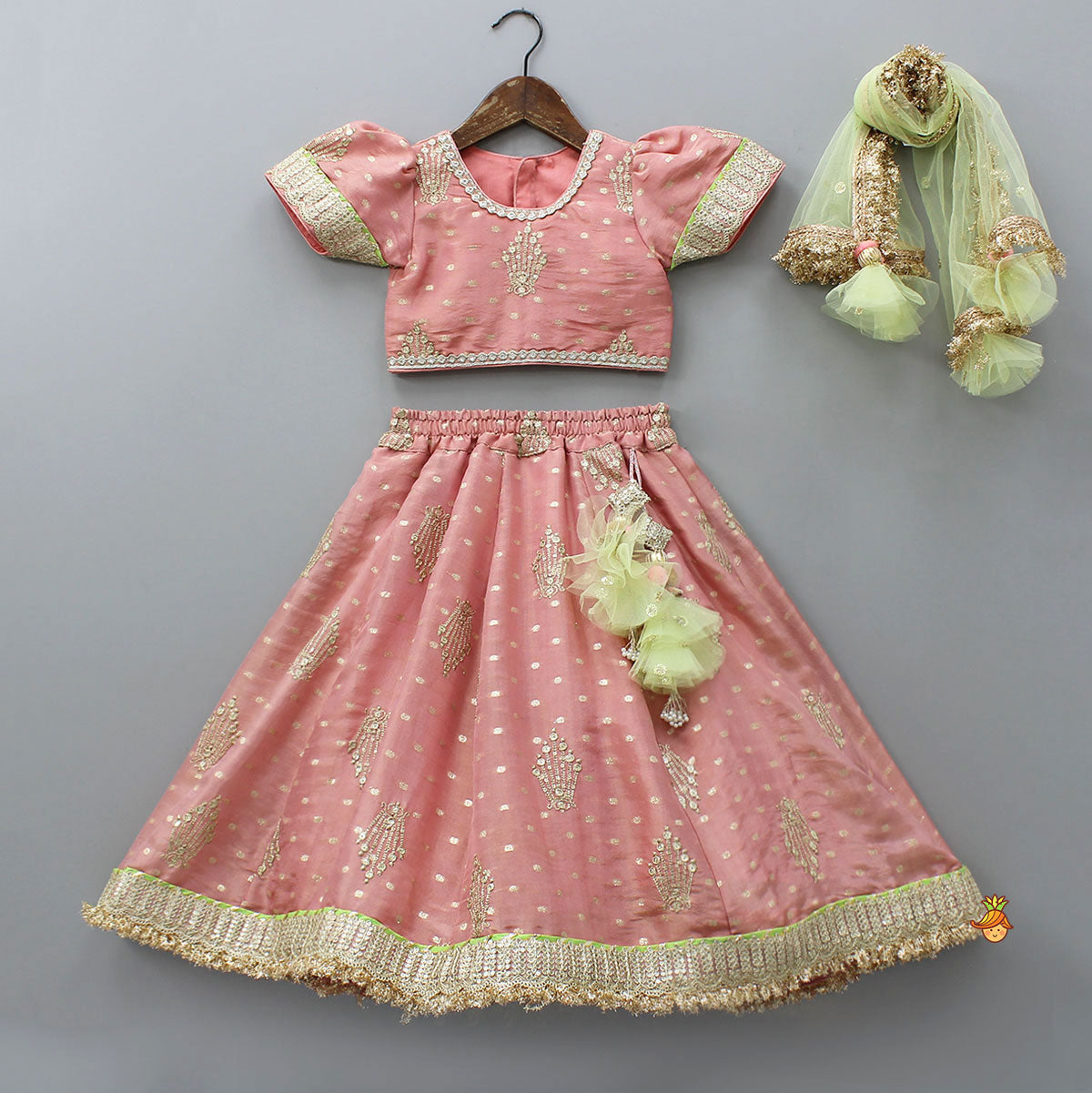 Stunning Booti Work Top With Lehenga And Contrasting Net Dupatta