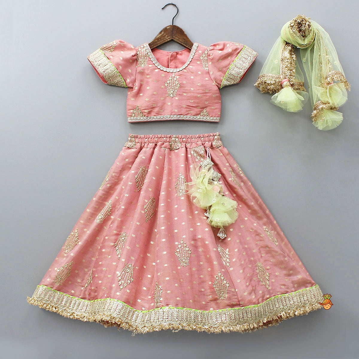 Stunning Booti Work Top With Lehenga And Contrasting Net Dupatta