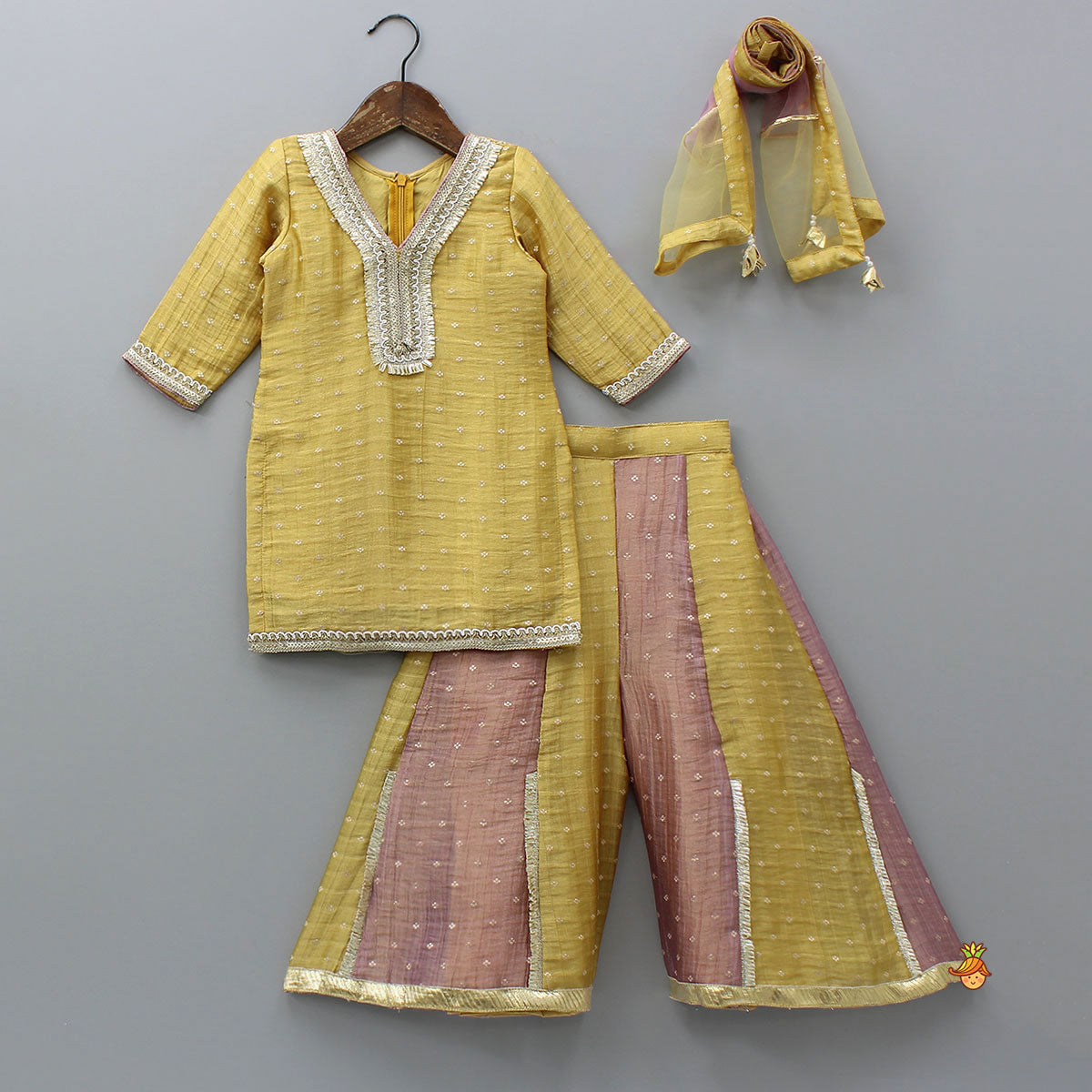 Beautiful V Neck Kurti With Colour Block Palazzo And Dupatta