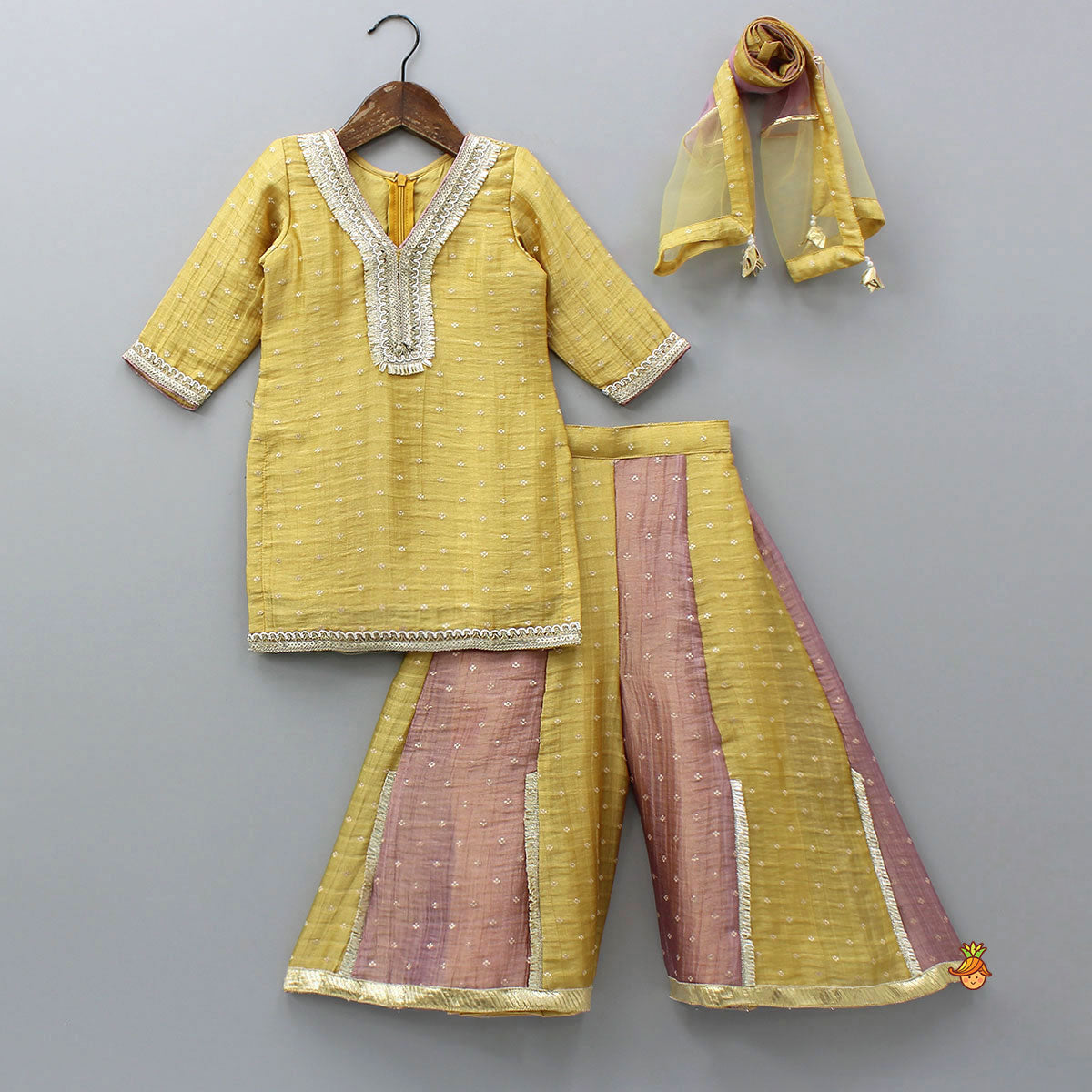 Beautiful V Neck Kurti With Colour Block Palazzo And Dupatta