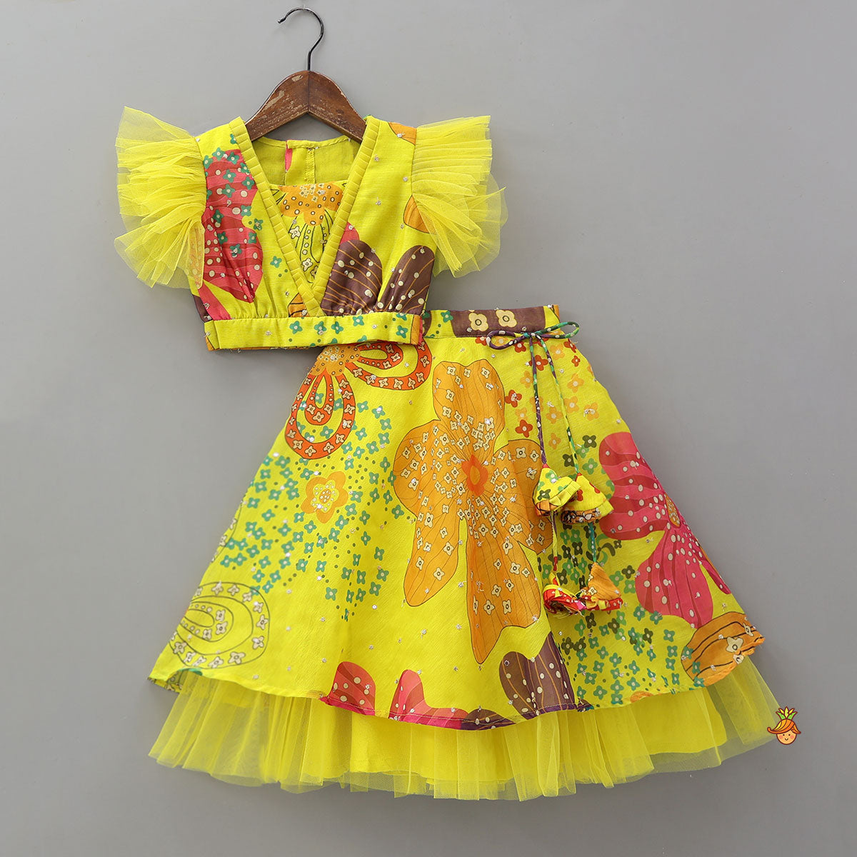 Multicolour Printed Net Detailed Top With Layered Matching Lehenga