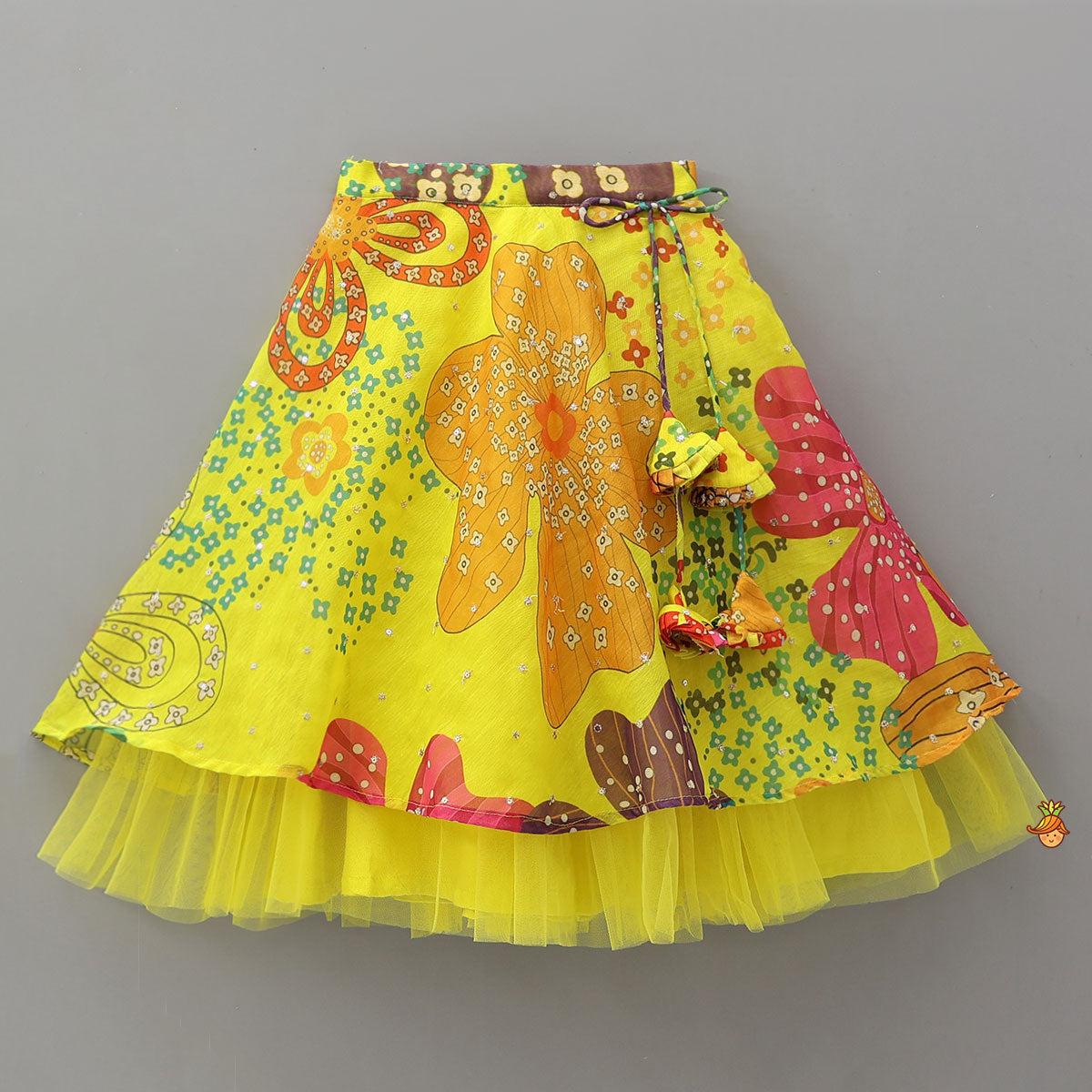 Multicolour Printed Net Detailed Top With Layered Matching Lehenga