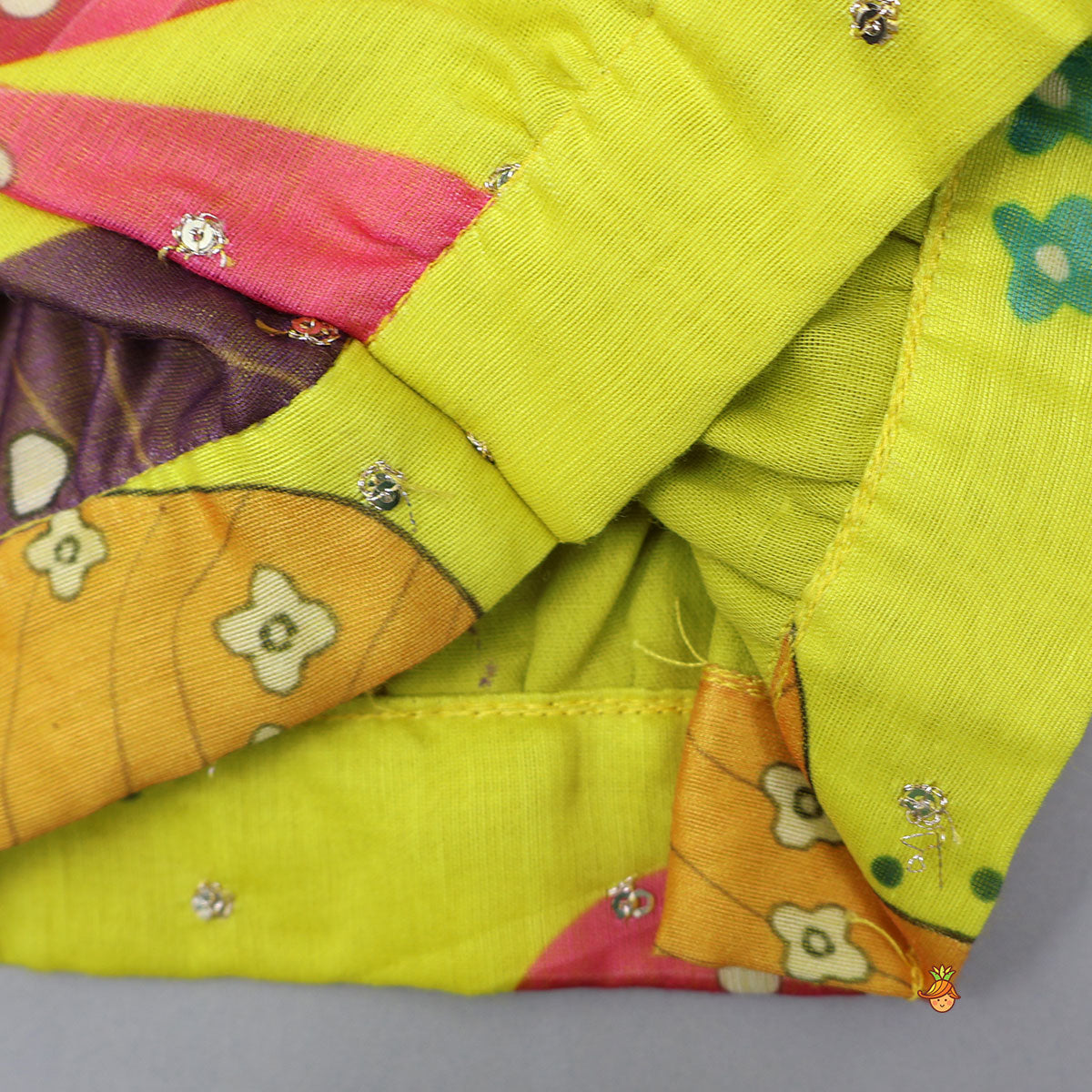 Multicolour Printed Net Detailed Top With Layered Matching Lehenga