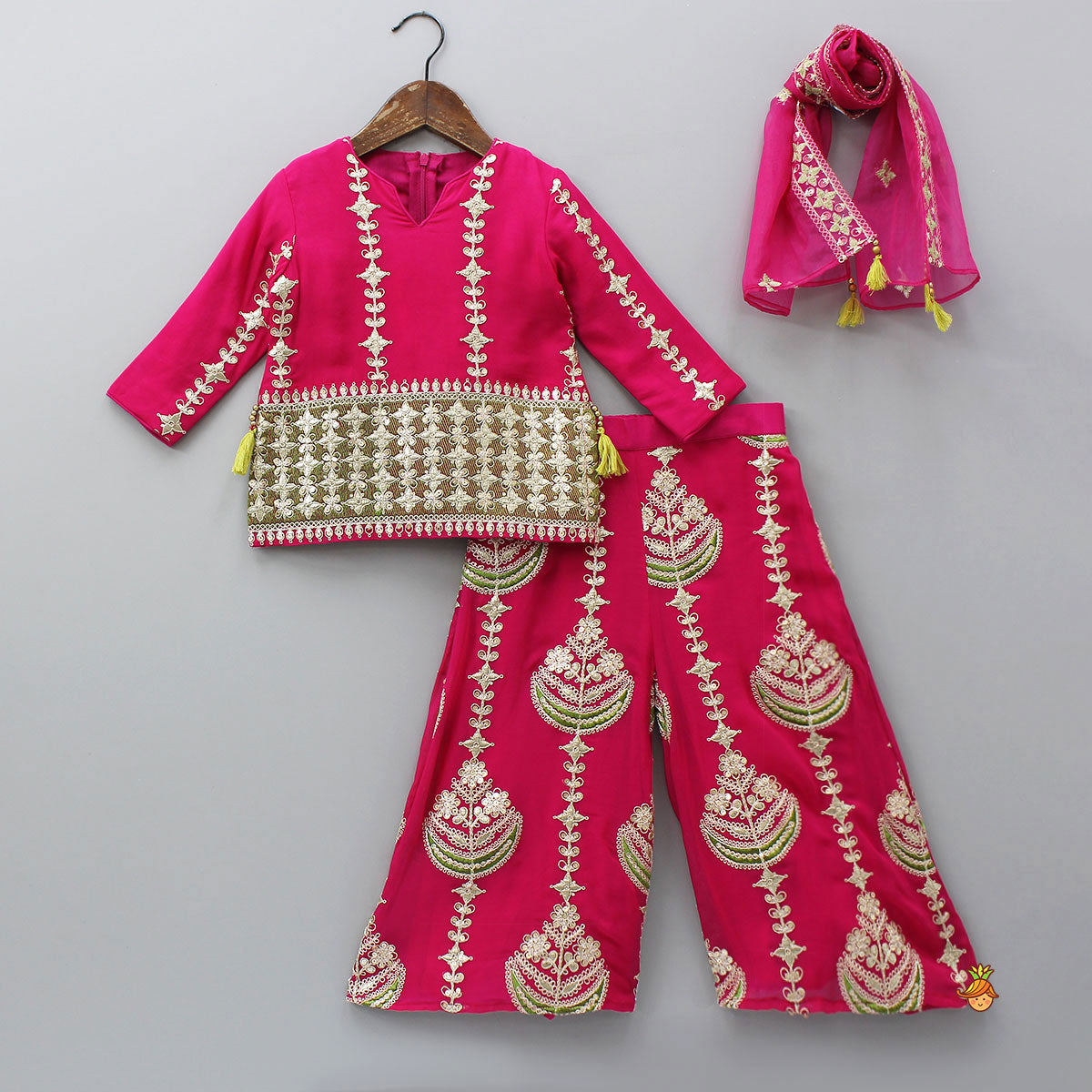 Charming Top And Heavily Embroidered Palazzo With Organza Dupatta