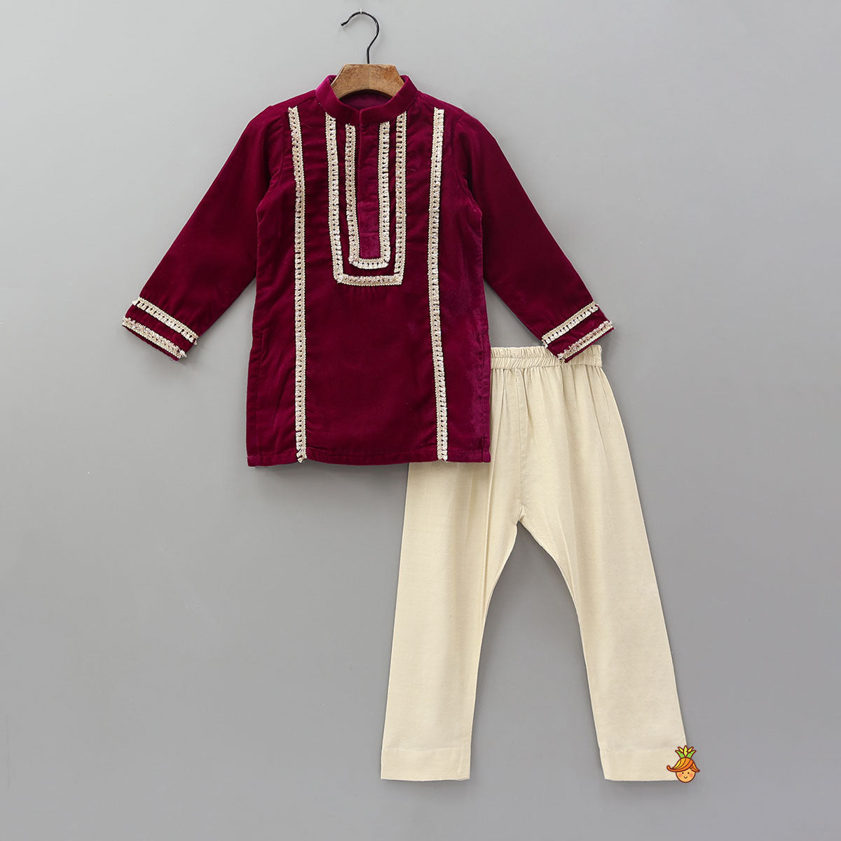 Fringed Lace-Detailed Velvet Kurta With Pyjama