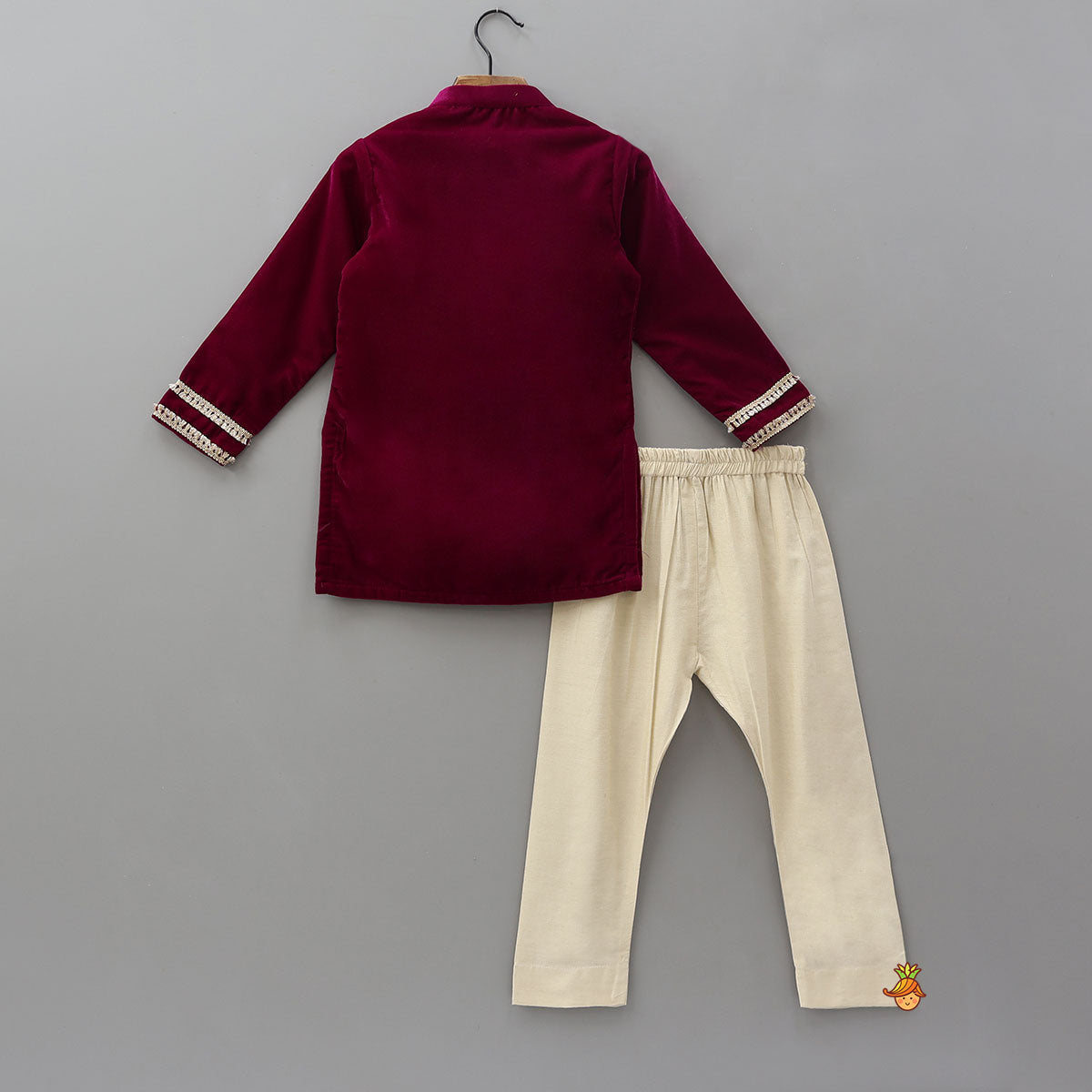 Fringed Lace-Detailed Velvet Kurta With Pyjama