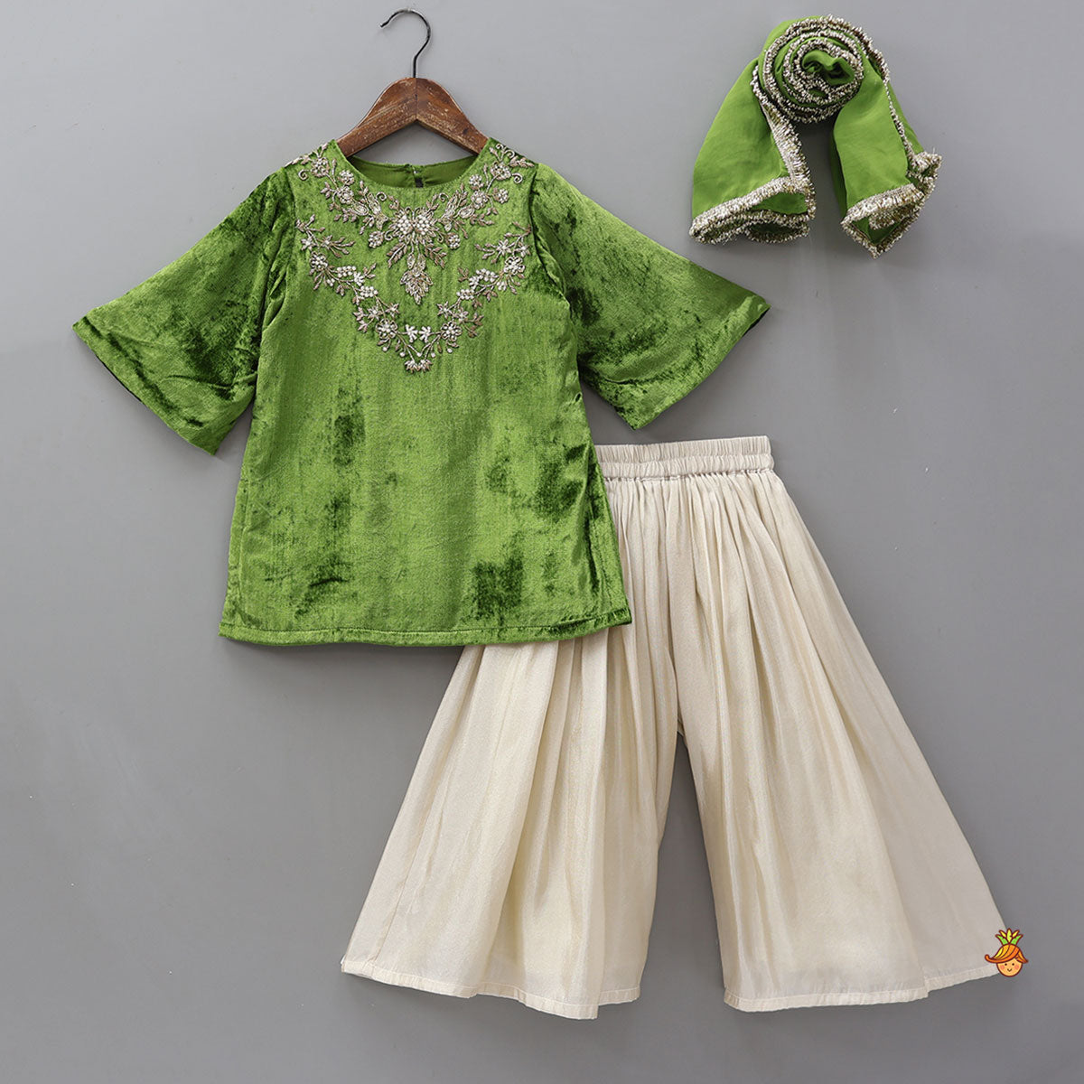 Exquisite Velvet Hand Embroidered Kurti With Shimmery Palazzo And Dupatta