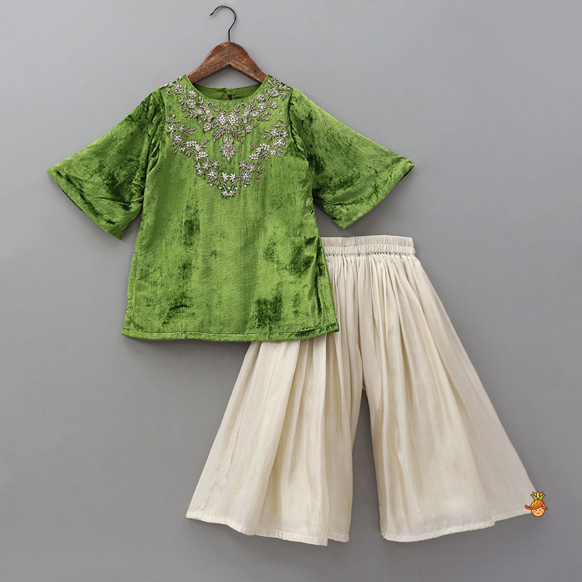 Exquisite Velvet Hand Embroidered Kurti With Shimmery Palazzo And Dupatta