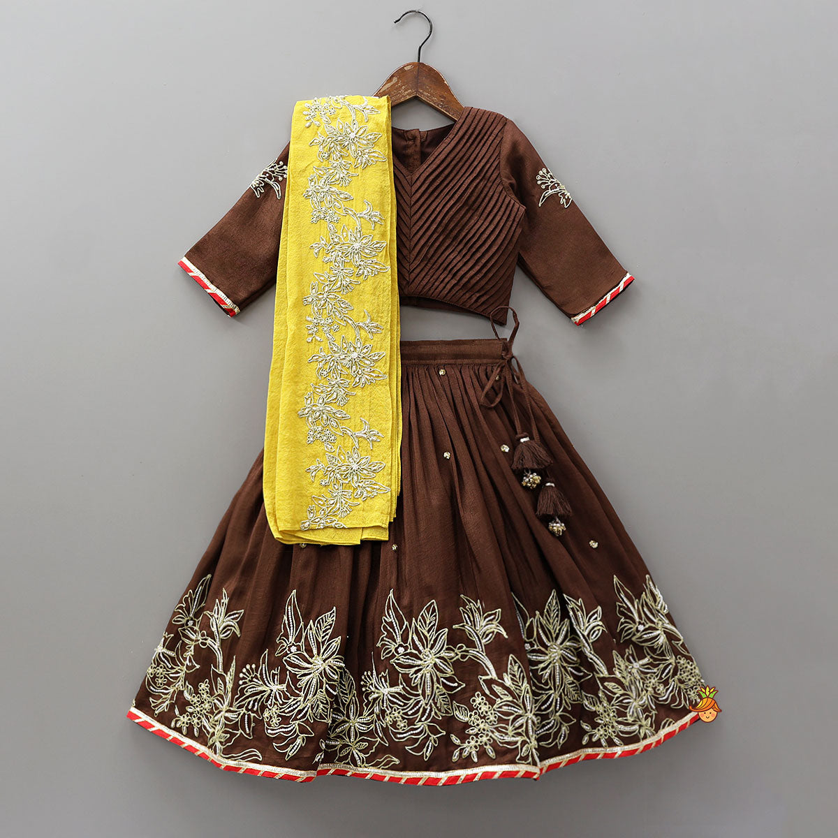 Pleated Top And Lehenga With Contrasting Dupatta