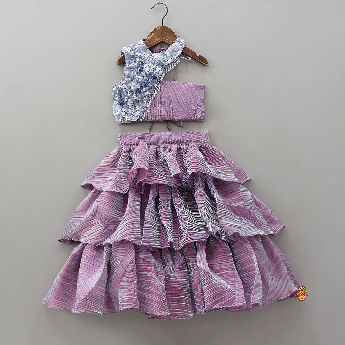 Beautiful Sequin One Shoulder Top With Crushed Layered Sheen Lehenga