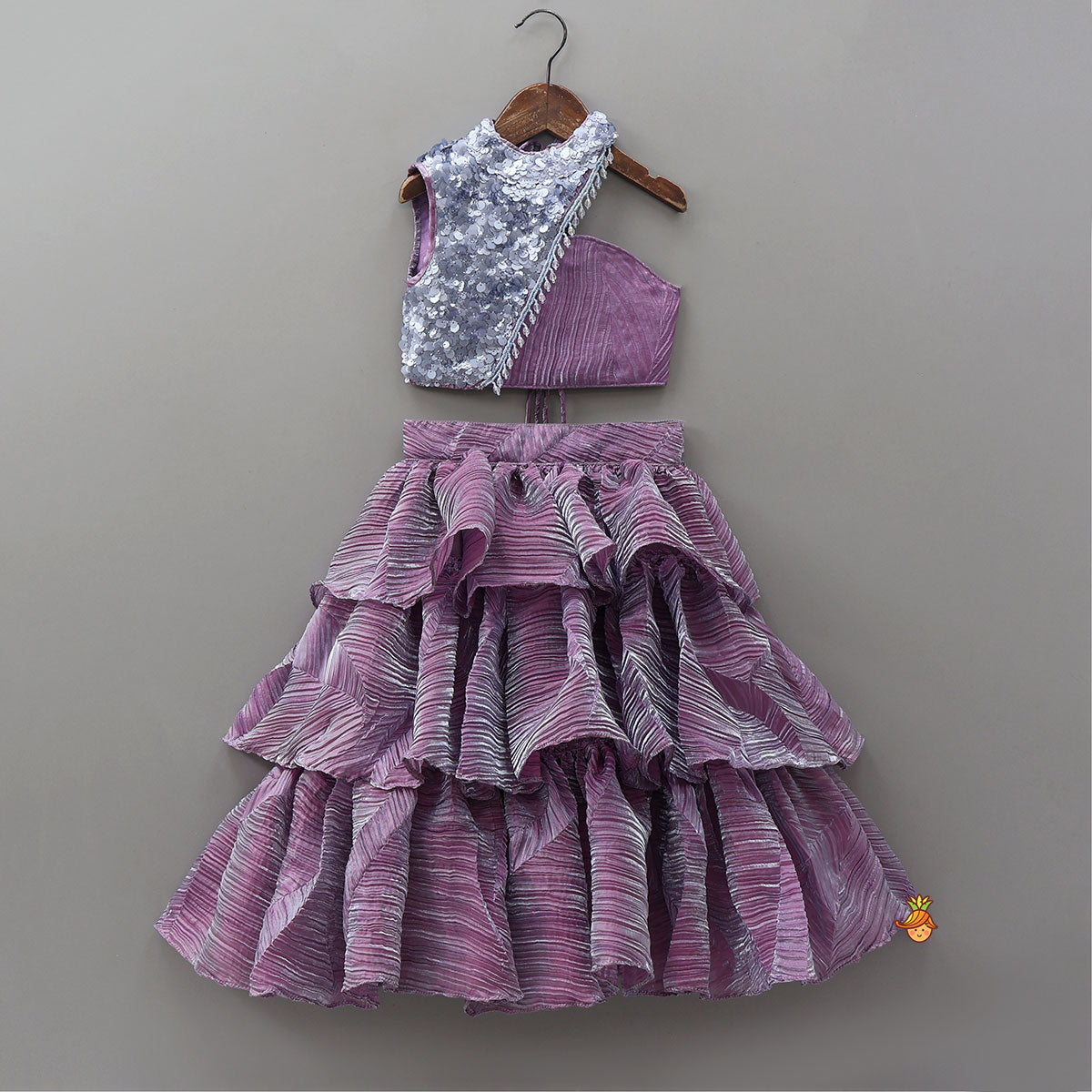 Beautiful Sequin One Shoulder Top With Crushed Layered Sheen Lehenga