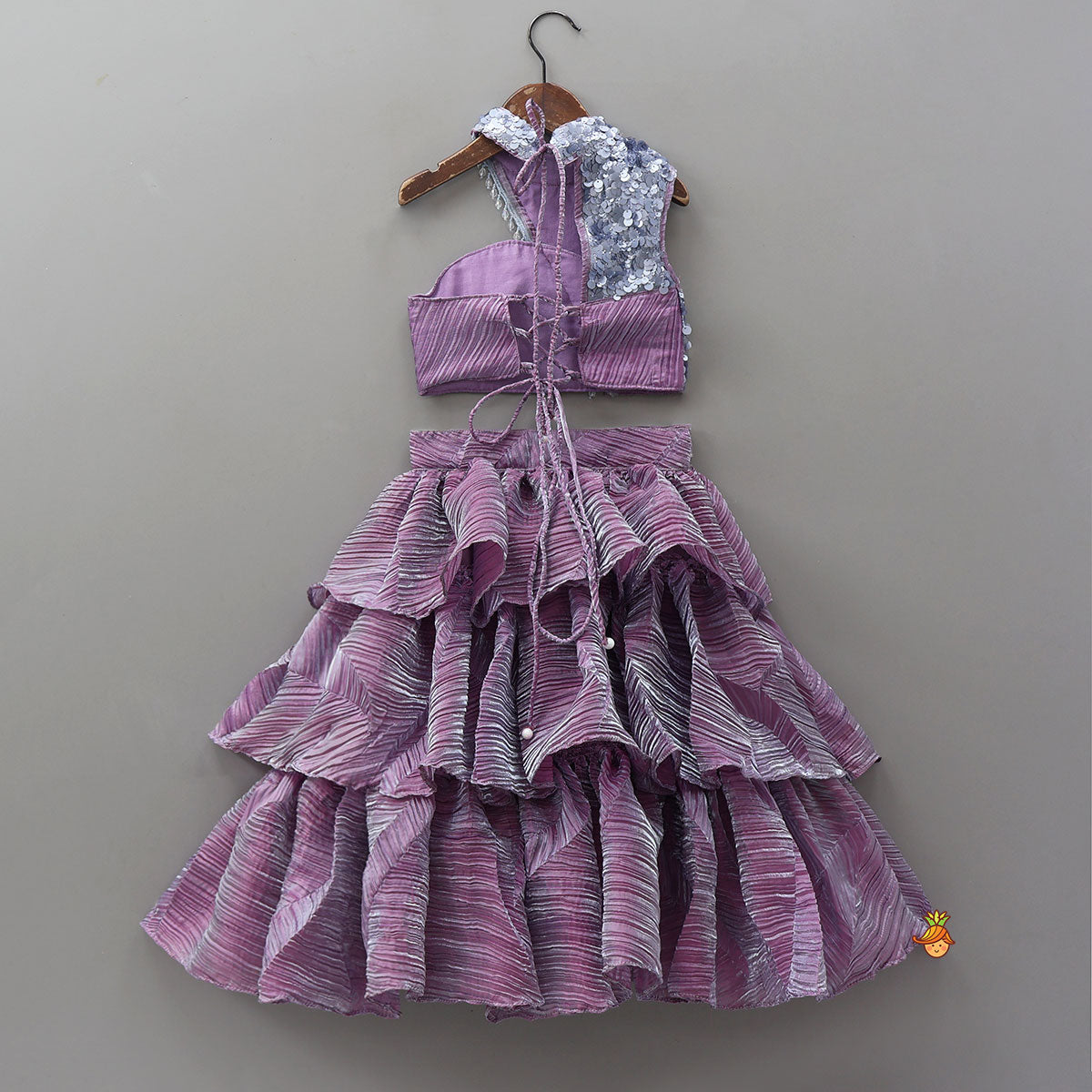 Beautiful Sequin One Shoulder Top With Crushed Layered Sheen Lehenga