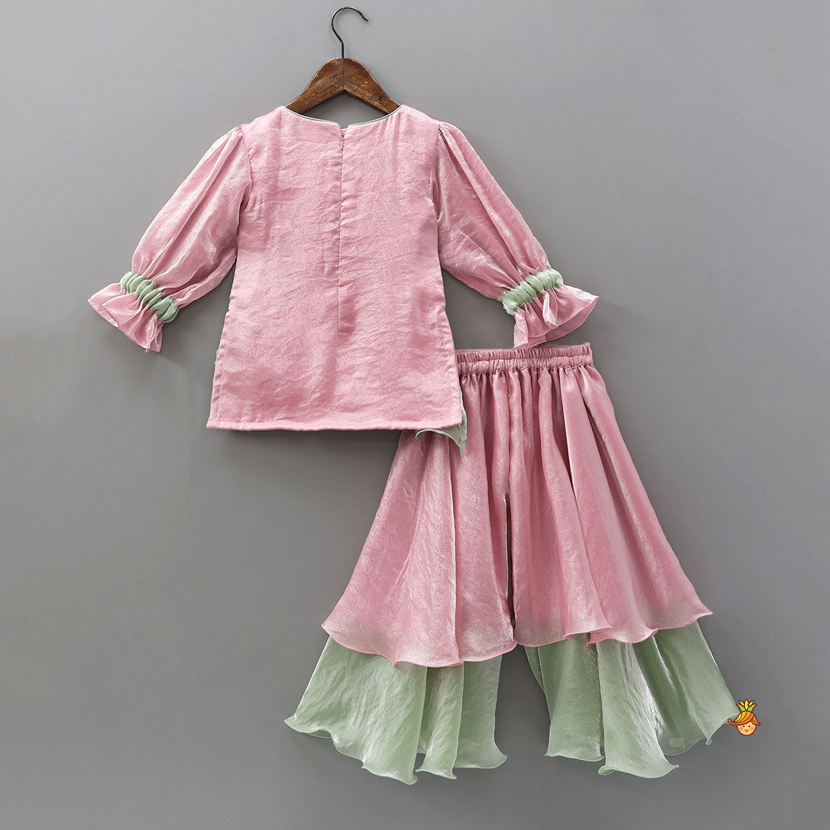 Ruffle-Hem Kurti And Layered Dual-Tone Palazzo With Matching Dupatta