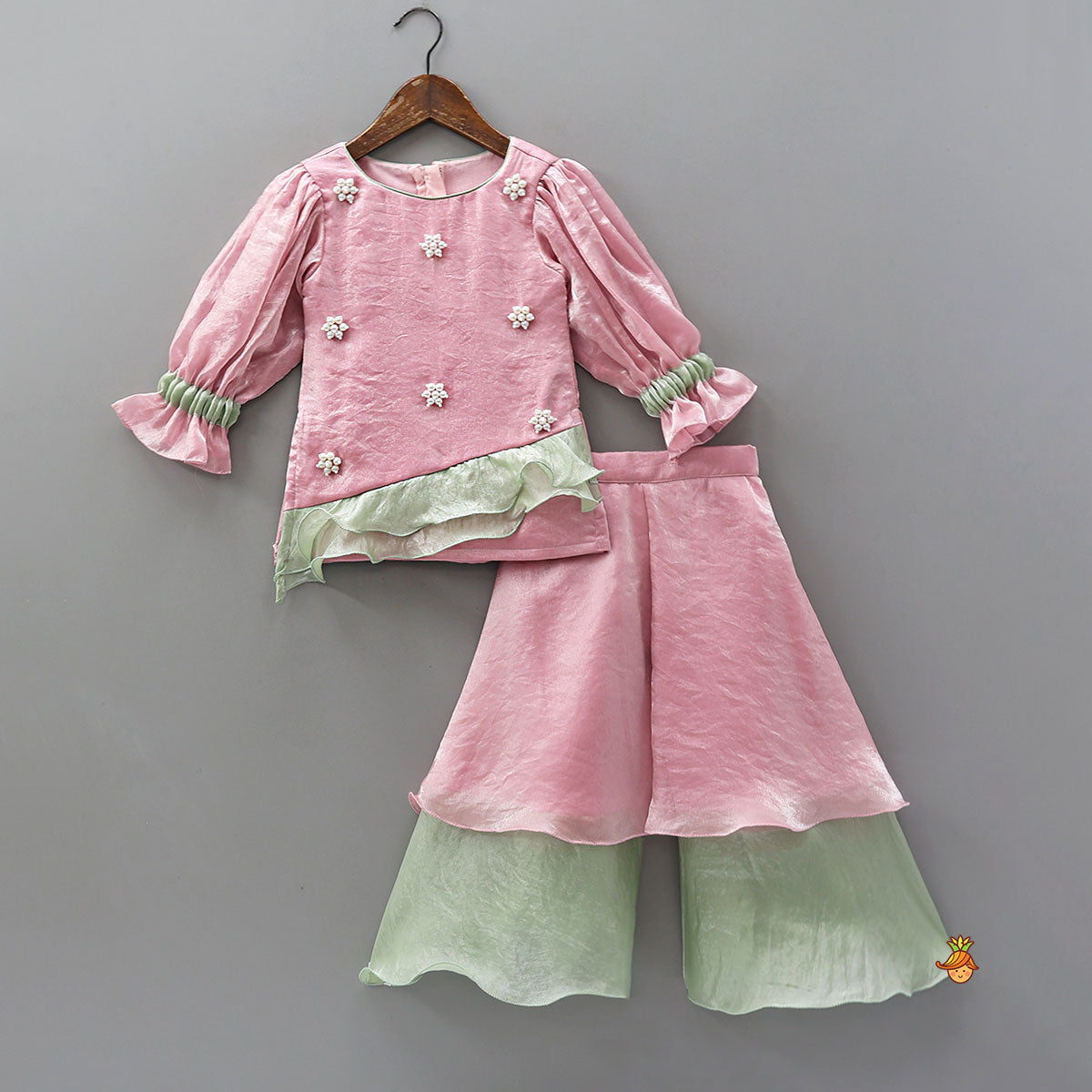 Ruffle-Hem Kurti And Layered Dual-Tone Palazzo With Matching Dupatta