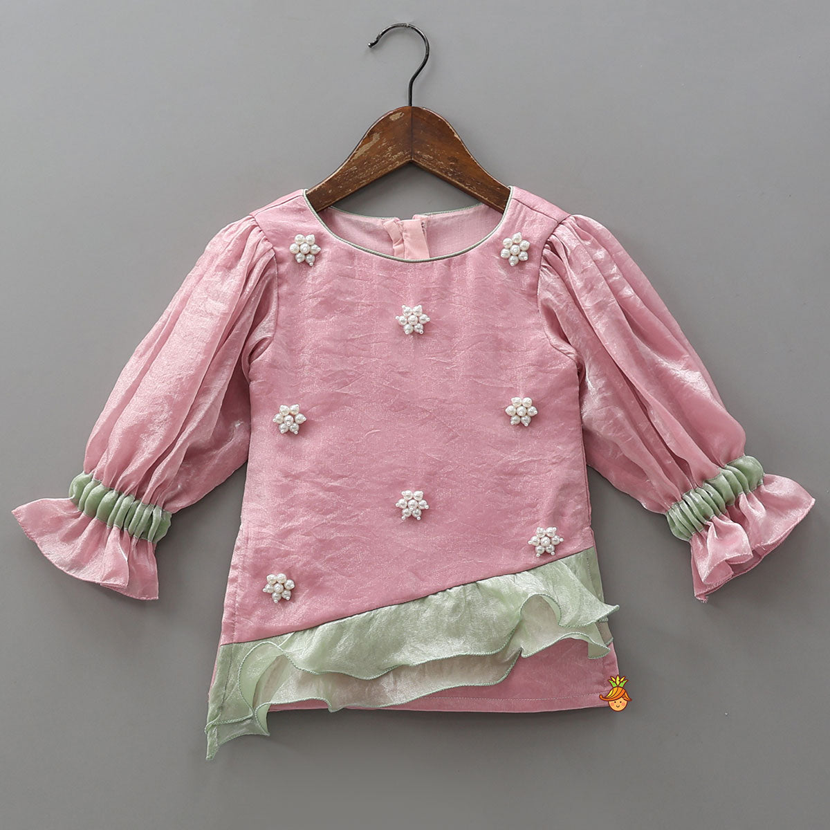 Ruffle-Hem Kurti And Layered Dual-Tone Palazzo With Matching Dupatta