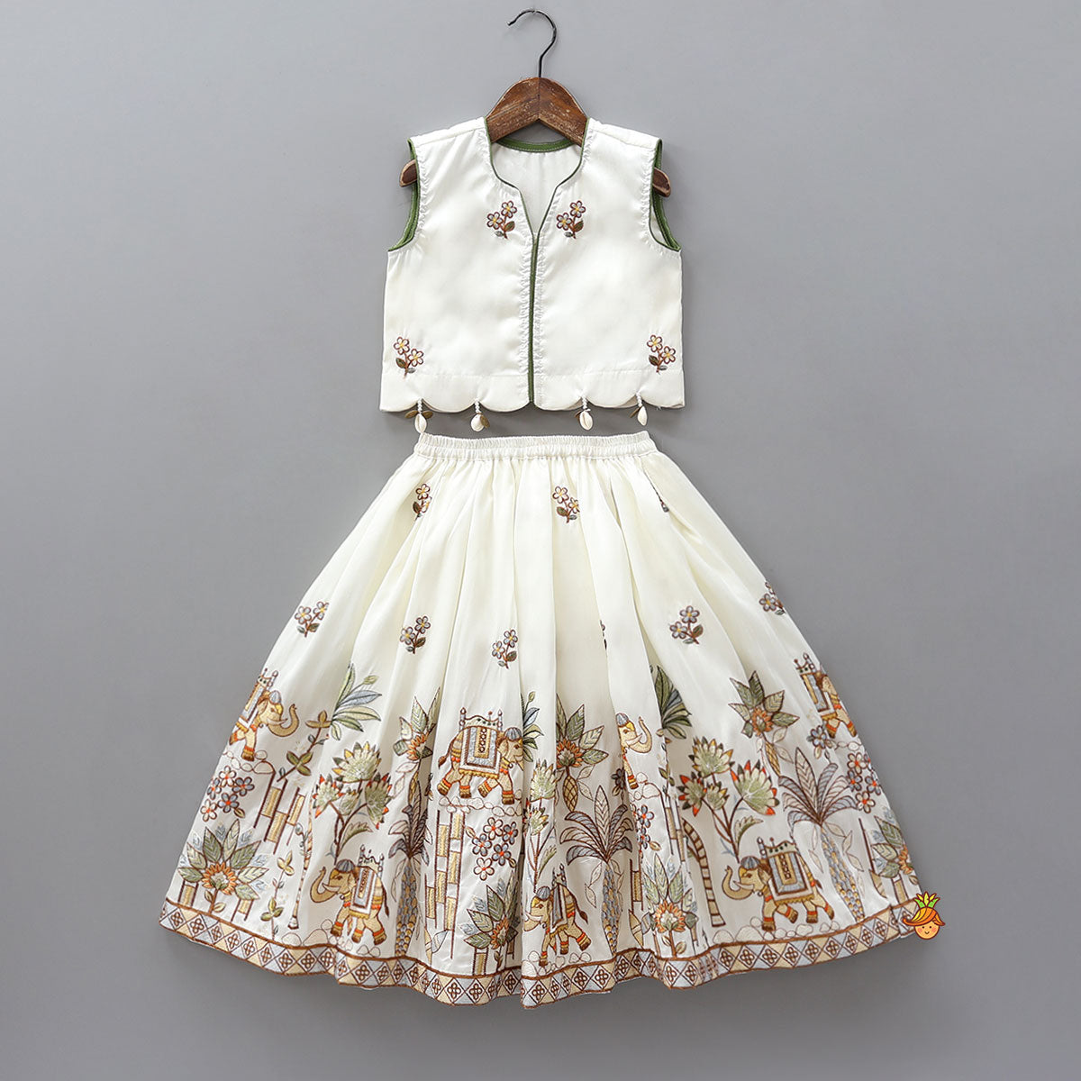 Front-Open Floral Embroidered Top With Lehenga