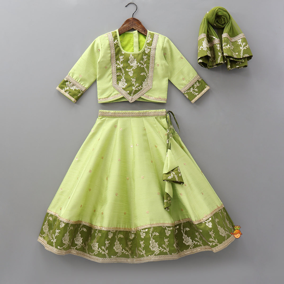 Contrast Yoke Top With Lehenga And Net Dupatta