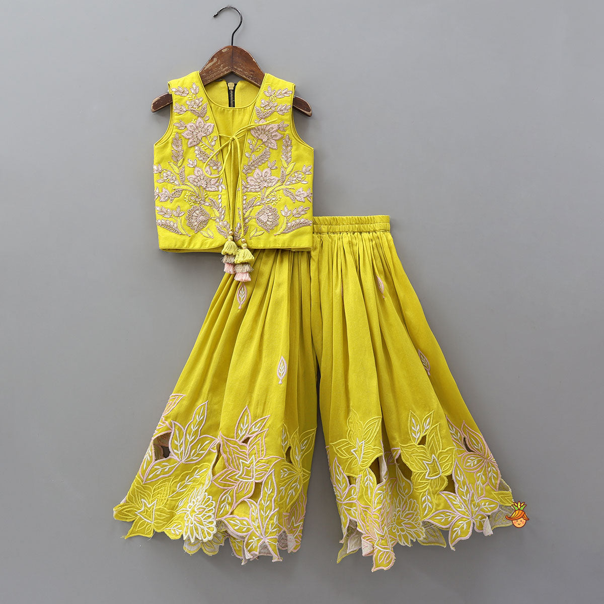 Jacket Style Front Knot Top And Cut-Work Palazzo