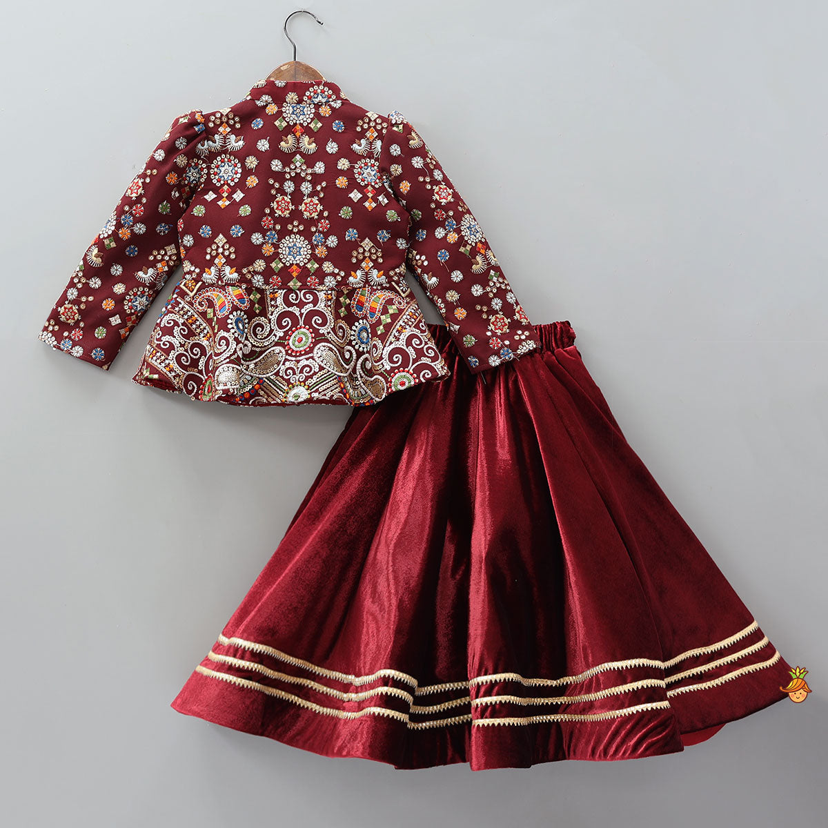 Heavy Embroidered Velvet Top And Gota Lace Work Flared Lehenga