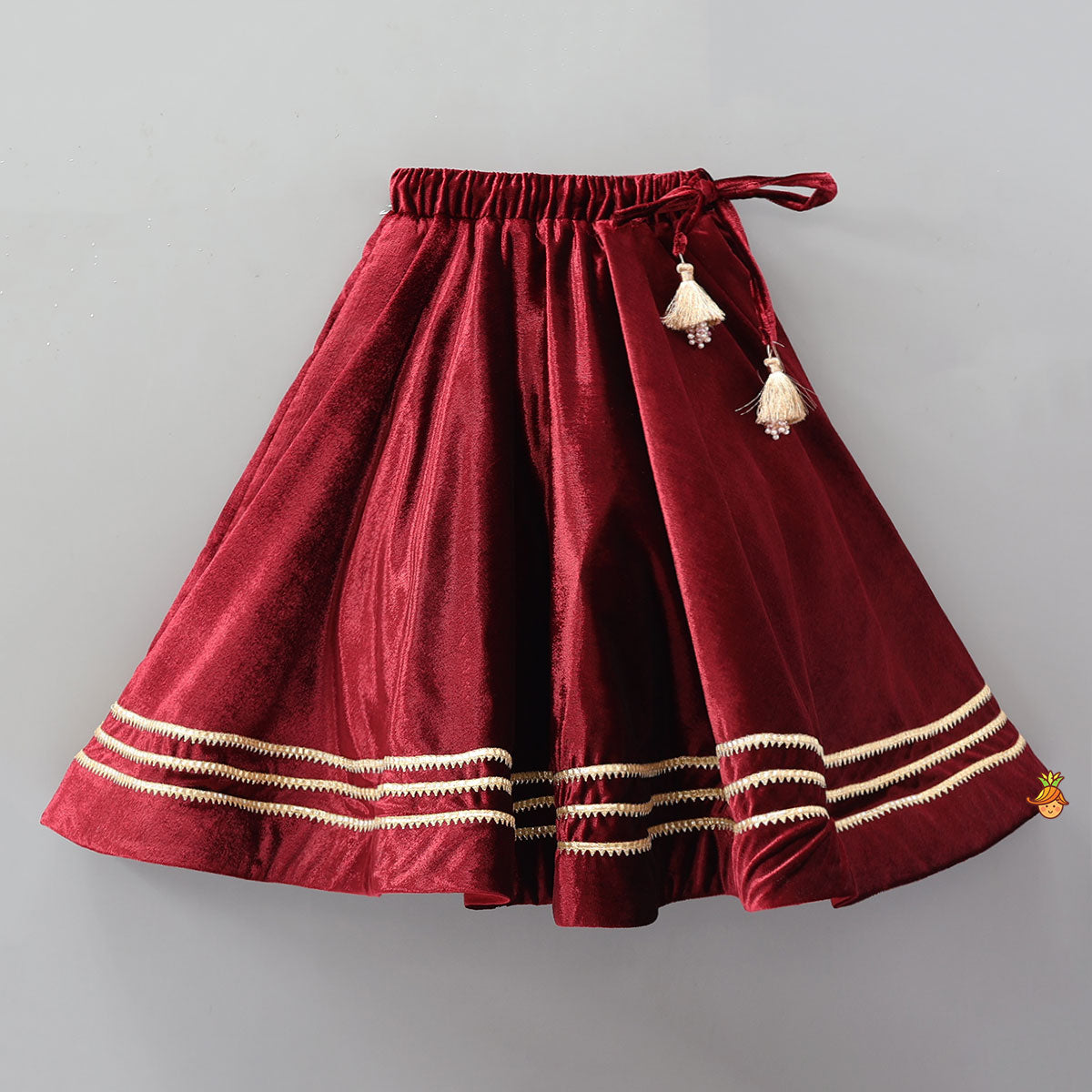 Heavy Embroidered Velvet Top And Gota Lace Work Flared Lehenga