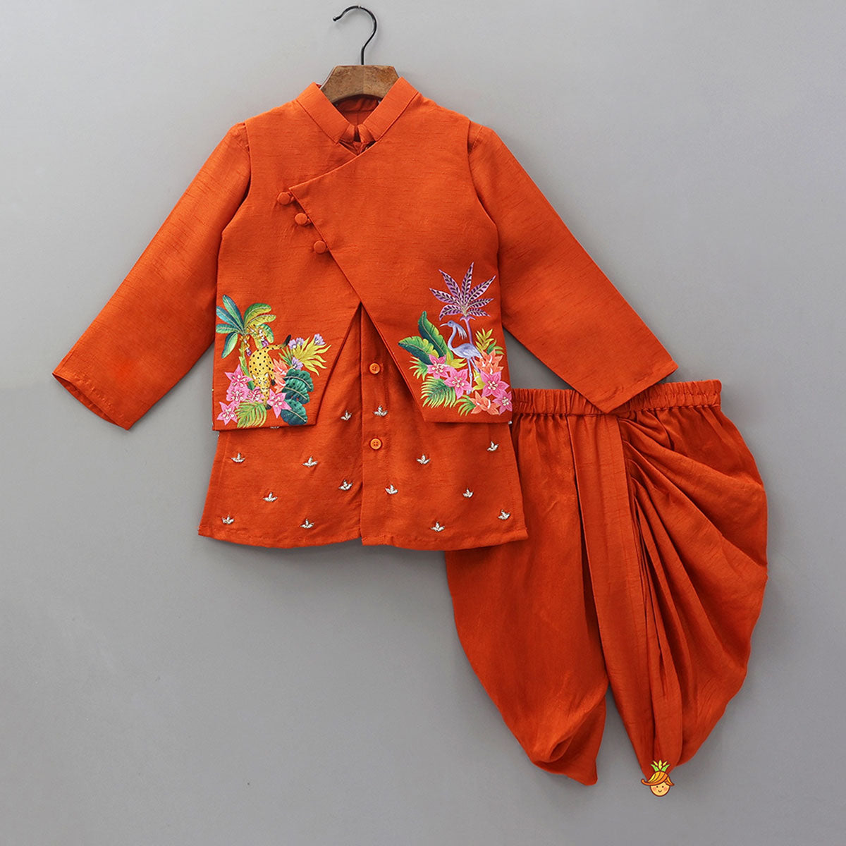Ethnic Kurta With Hand-Painted Jacket And Matching Dhoti