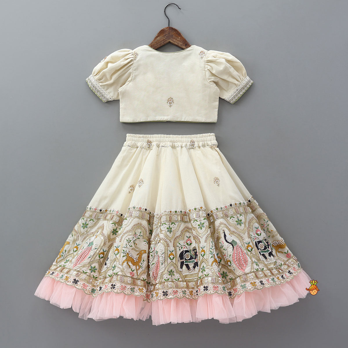 Peter Pan Collar Top And Embroidered Lehenga With Net Dupatta
