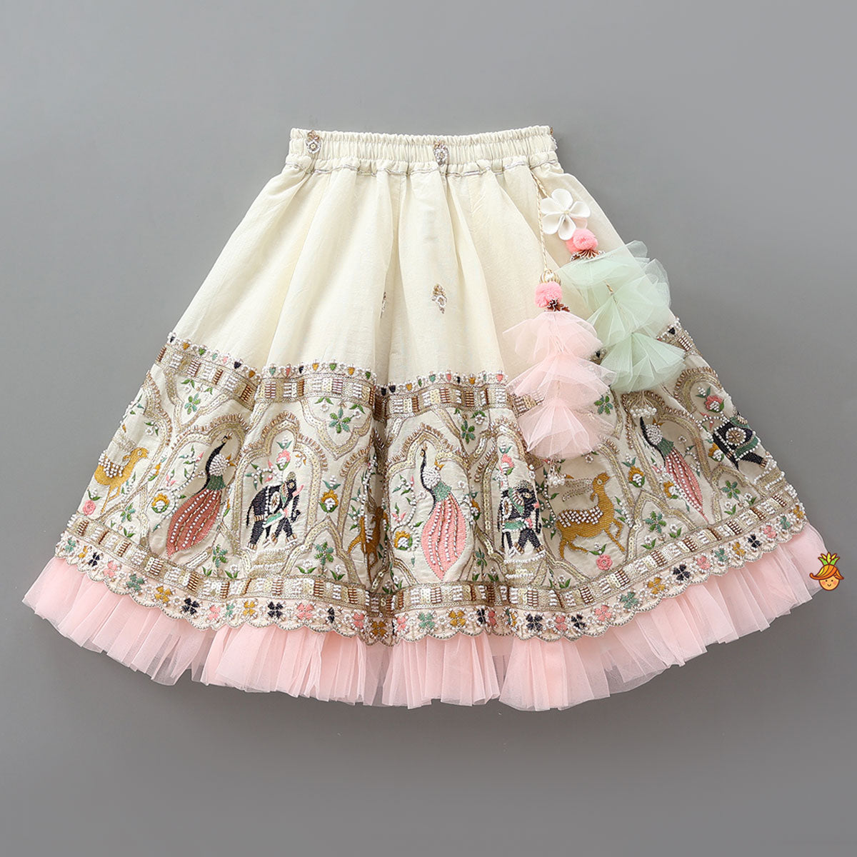 Peter Pan Collar Top And Embroidered Lehenga With Net Dupatta