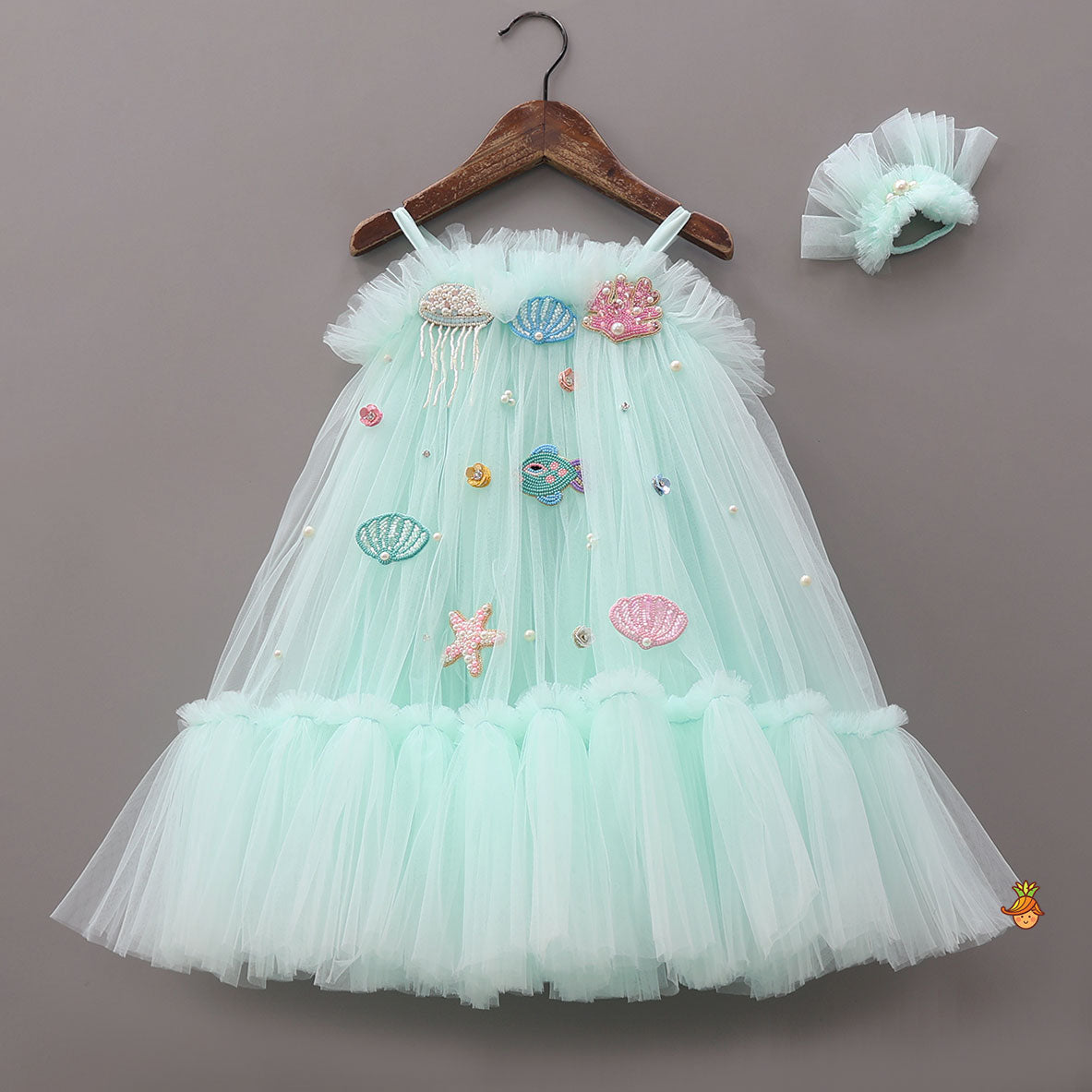 Stunning Aqua-Themed Embroidered Dress With Hair Tie