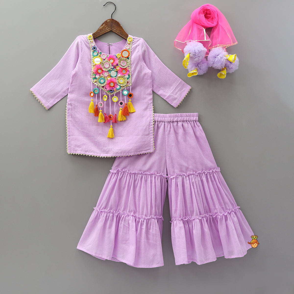 Multicolour Mirror Work Embellished Kurti With Sharara And Dupatta