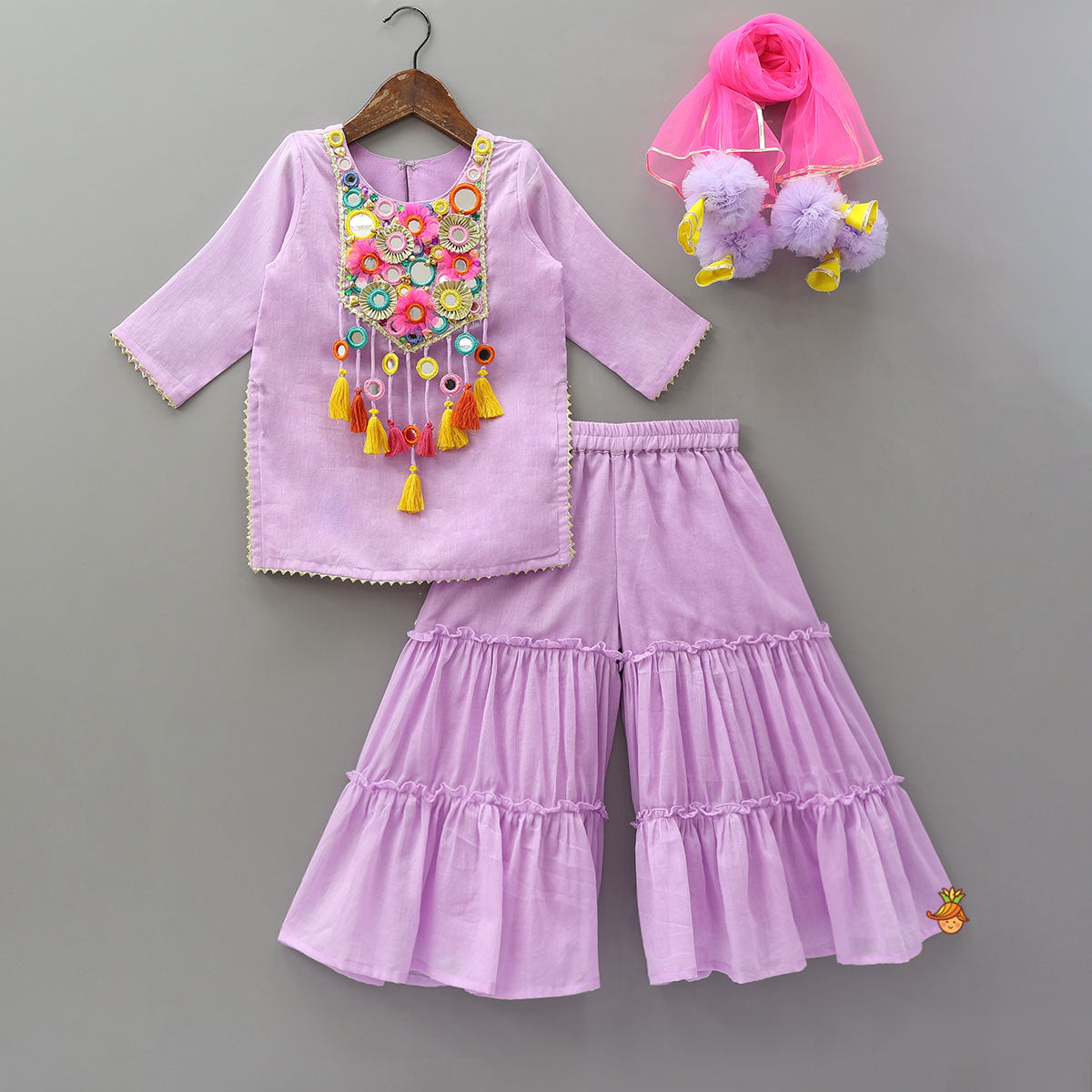 Multicolour Mirror Work Embellished Kurti With Sharara And Dupatta