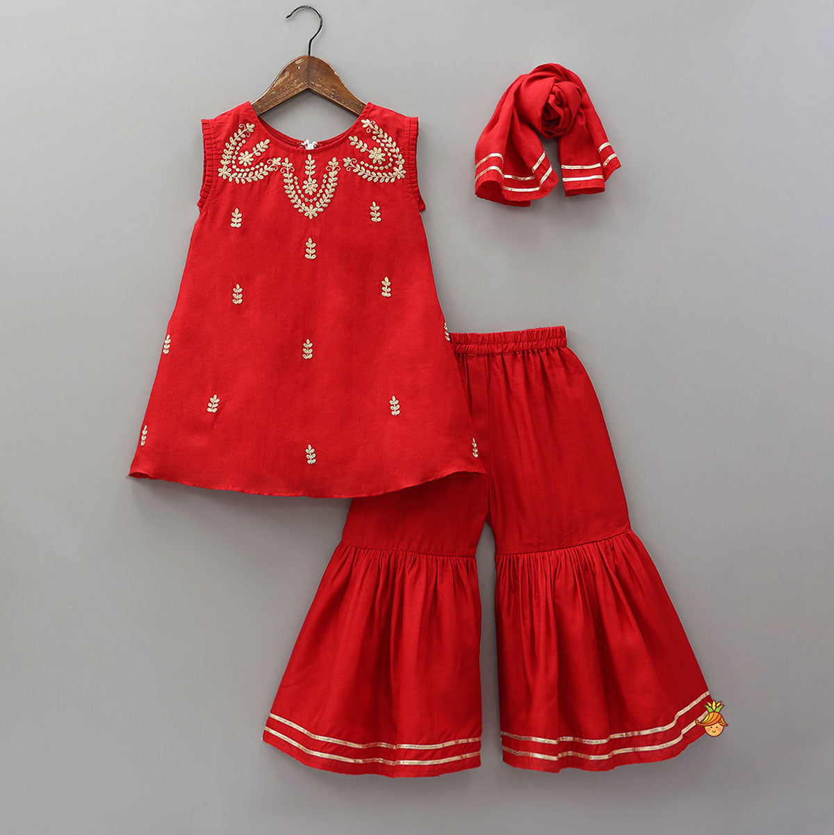 Pleated Armhole Kurti And Sharara With Matching Dupatta