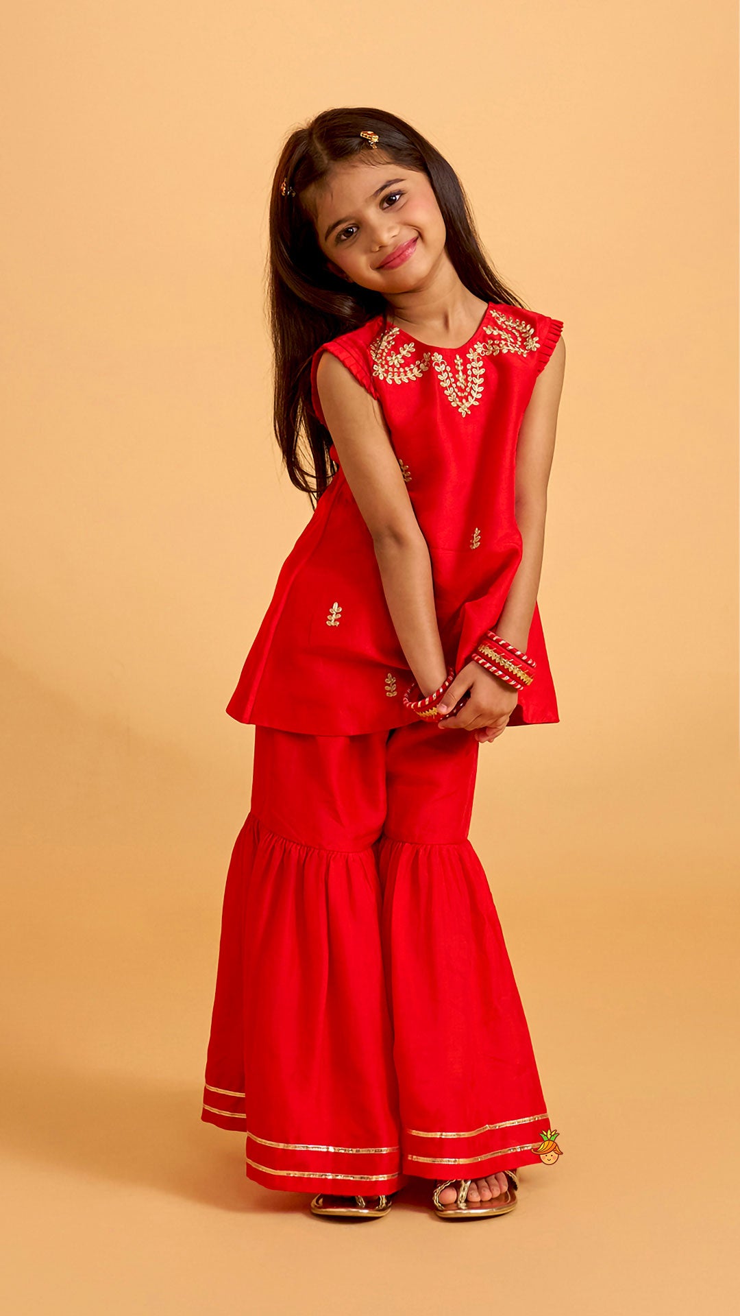Pleated Armhole Kurti And Sharara With Matching Dupatta