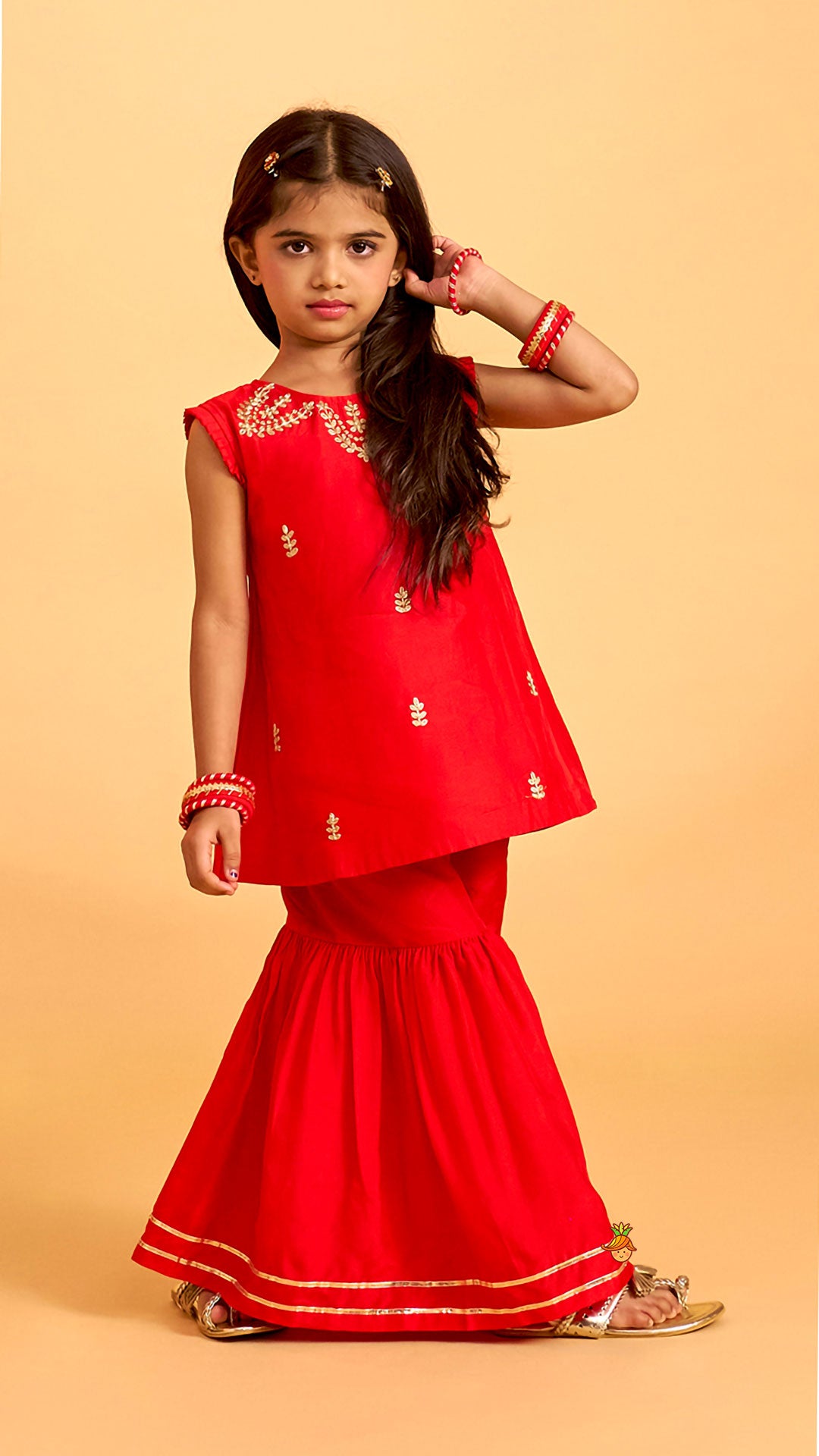 Pleated Armhole Kurti And Sharara With Matching Dupatta