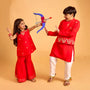 Pleated Armhole Kurti And Sharara With Matching Dupatta twinning model image 3