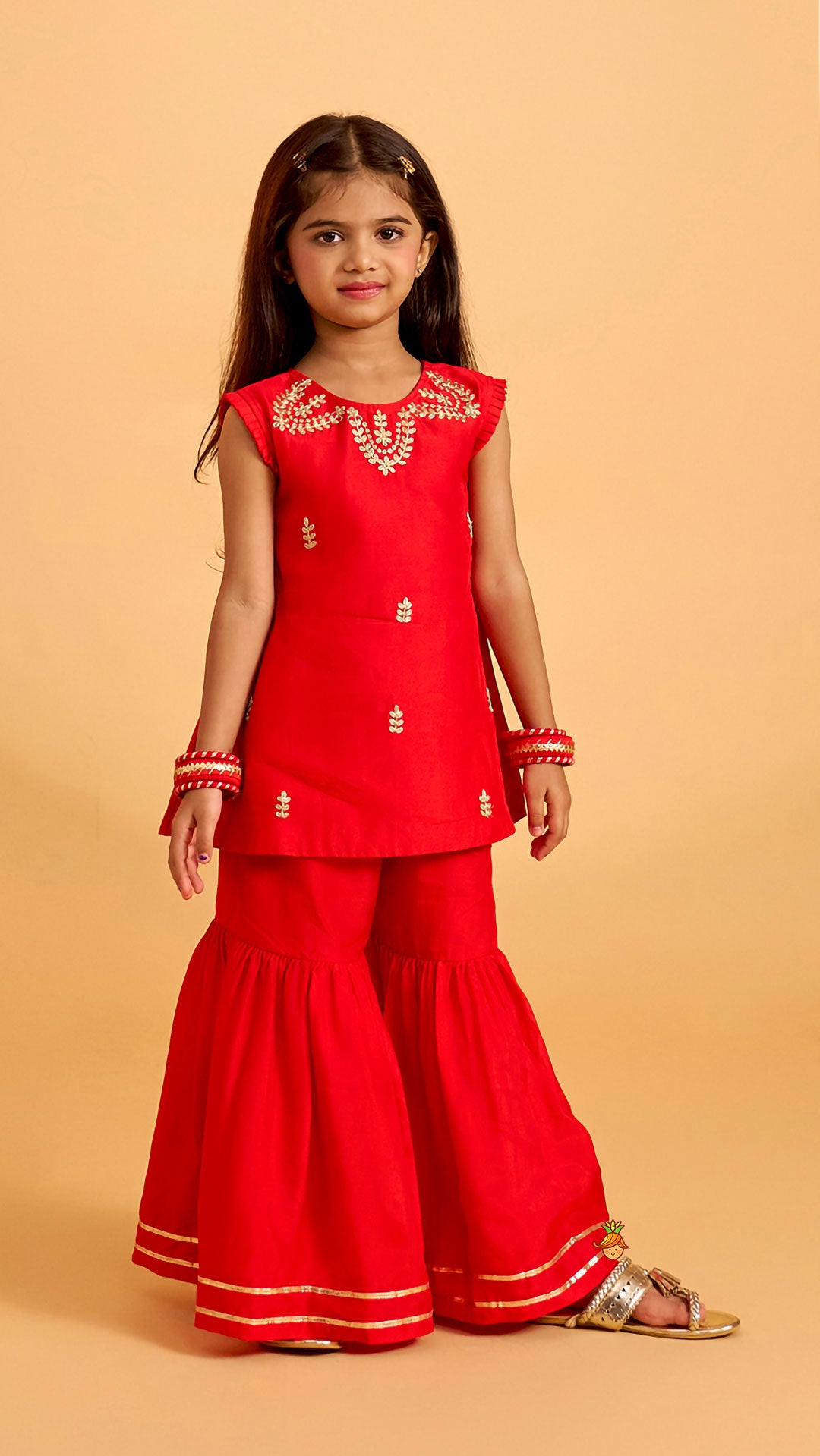 Pleated Armhole Kurti And Sharara With Matching Dupatta