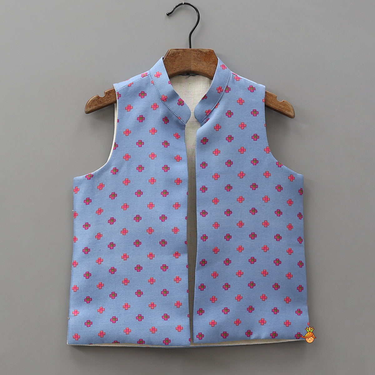 Mandarin-Collar Kurta With Printed Jacket And Pyjama