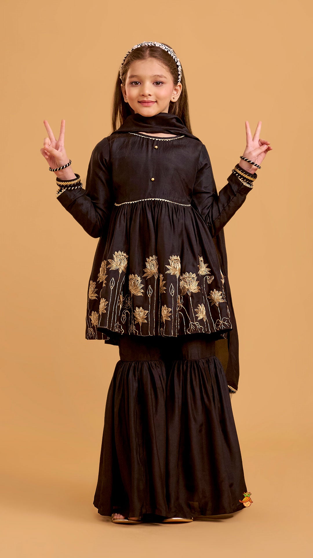 Floral Embroidered Kurti And Sharara With Matching Dupatta