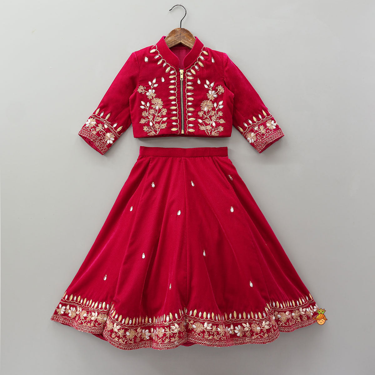 Stand Collar Velvet Top And Lehenga