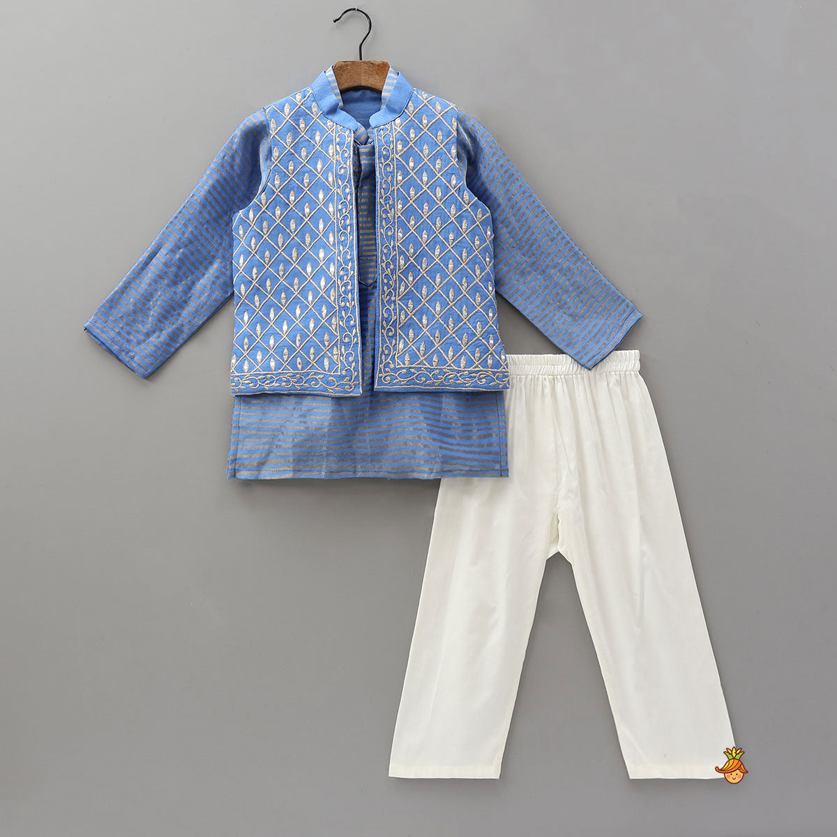 Striped Mandarin Collar Kurta With Open Jacket And Pyjama
