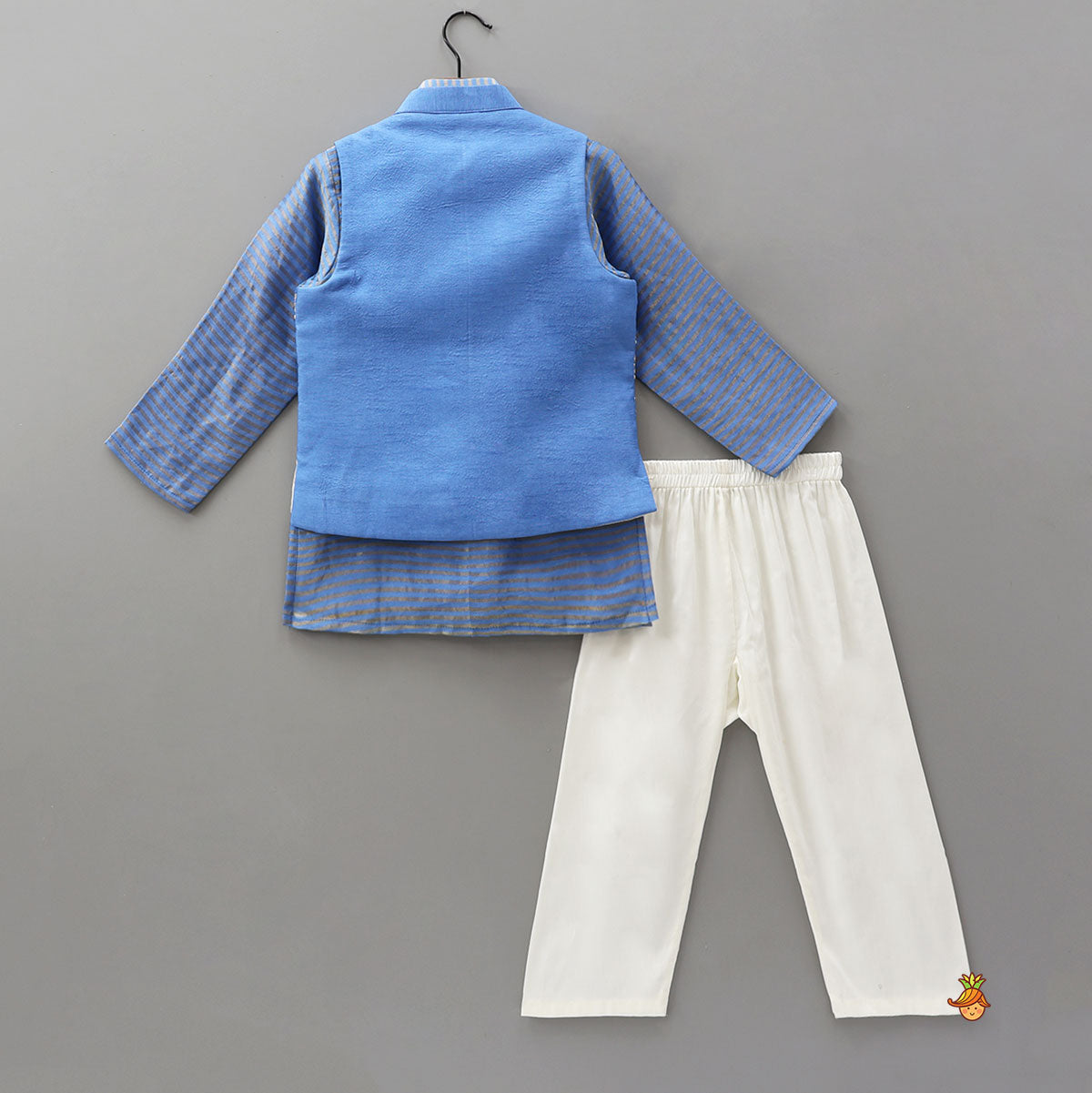 Striped Mandarin Collar Kurta With Open Jacket And Pyjama