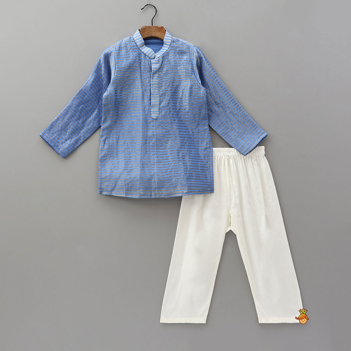 Striped Mandarin Collar Kurta With Open Jacket And Pyjama