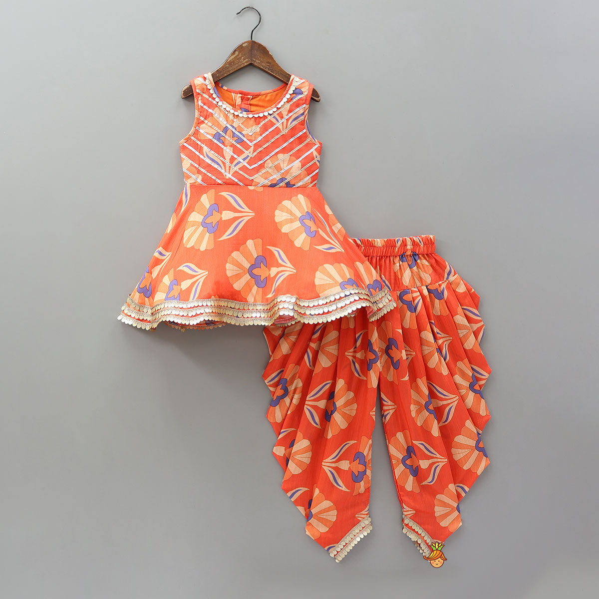 Sleeveless Printed Lace Adorned Kurti With Matching Dhoti