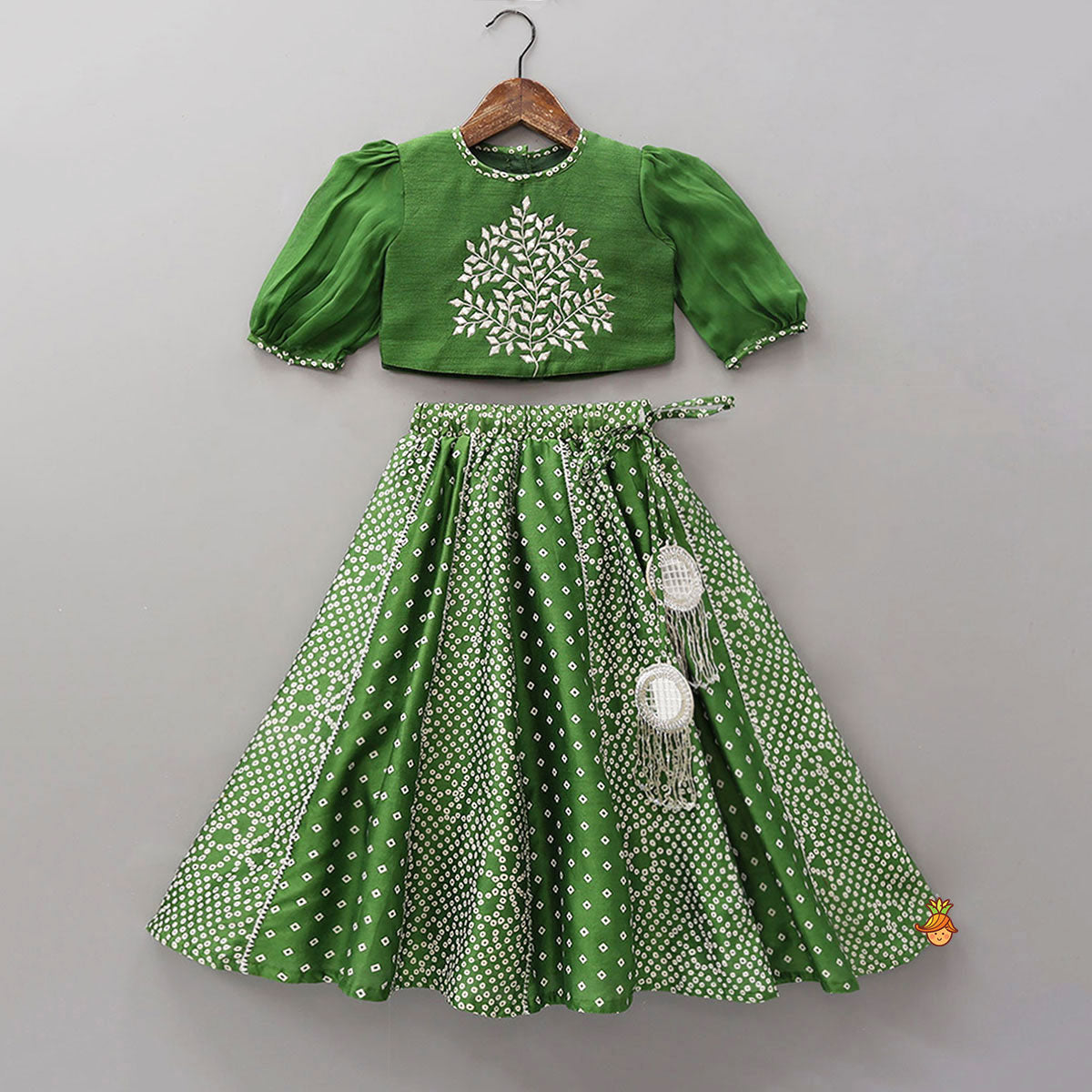 Faux Mirror Work Top And Bandhani Printed Lehenga