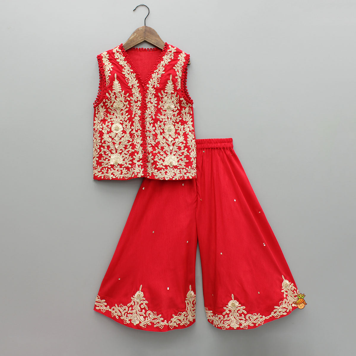 Red Embroidered Top And Palazzo