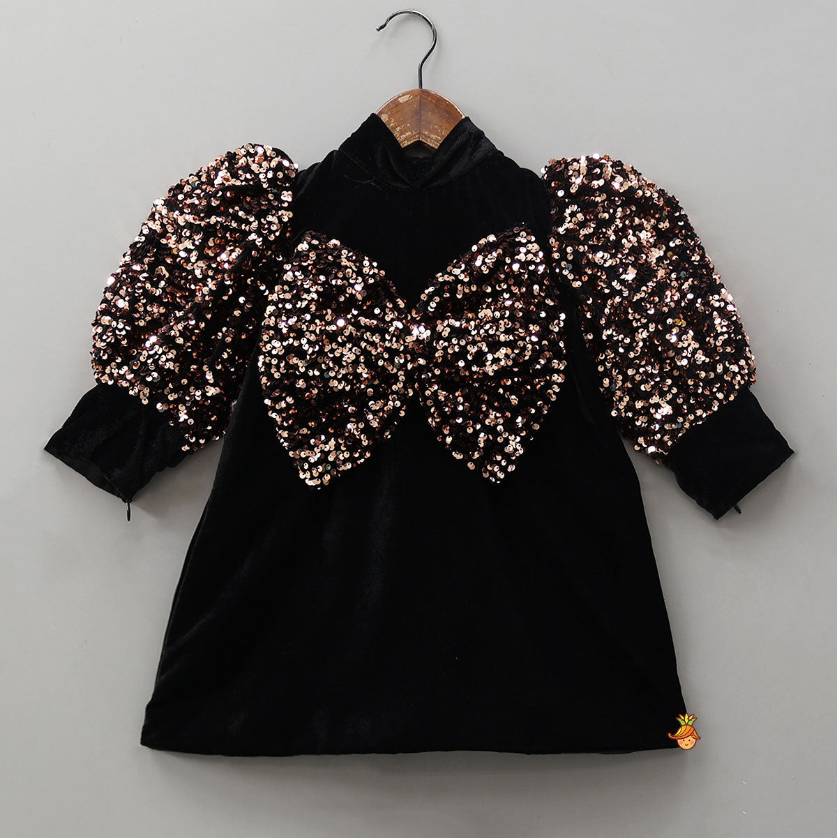 Bow Adorned Sequin Embellished Black Velvet Dress